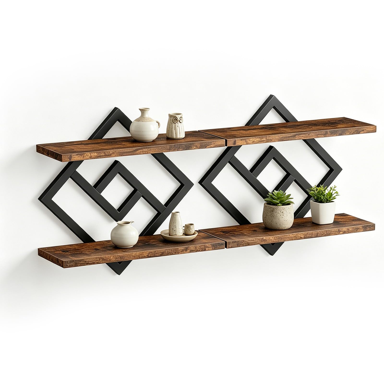 Juego de 2 estantes de pared de madera y metal, estantes flotantes, estantes flotantes de roble, para salón, cocina, dormitorio, oficina, retro, marrón y negro (marrón negro-2)
