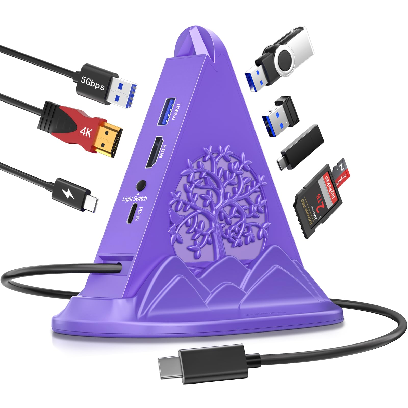 Hub USB C, hub USB 8 en 1 avec HDMI 4K @ 30 Hz, 100 W PD, 5 Gbit/s USB-Ax3 et USB-Cx1, lecteur de carte SD/TF. Hub de jeu RVB, accessoire de bureau violet foncé pour femme, compatible avec MacBook