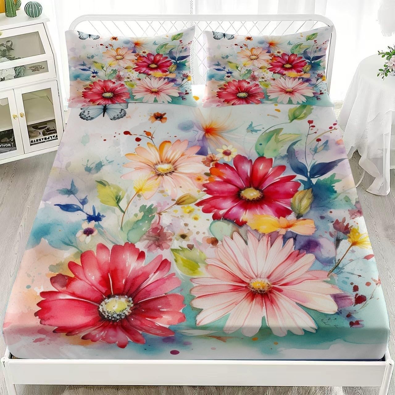 Watercolor Flowers Single Fitted Sheet Daisies Bed Sheets Deep Pocket 12 inch (30 cm) Soft Cozy 3 Piece Microfibre Bed Sheet 90x190 cm with 2 Pillowcases 50x75 cm
