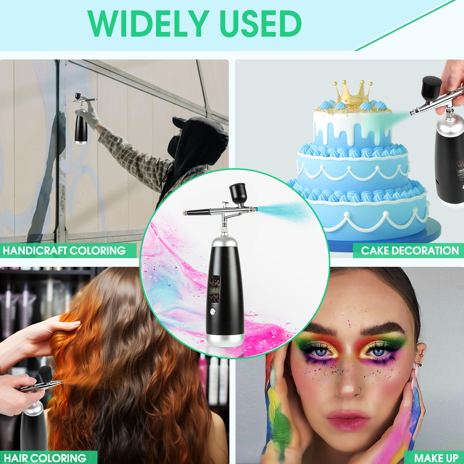 Airbrush Kompressor Set Make-up Spritzpistole Tragbares Kabelloses Set, 36PSI Wiederaufladbares Manuelles mit langen Düse für Malerei, Tortendekoration, Färbemuster, Nagelkunst, Täto