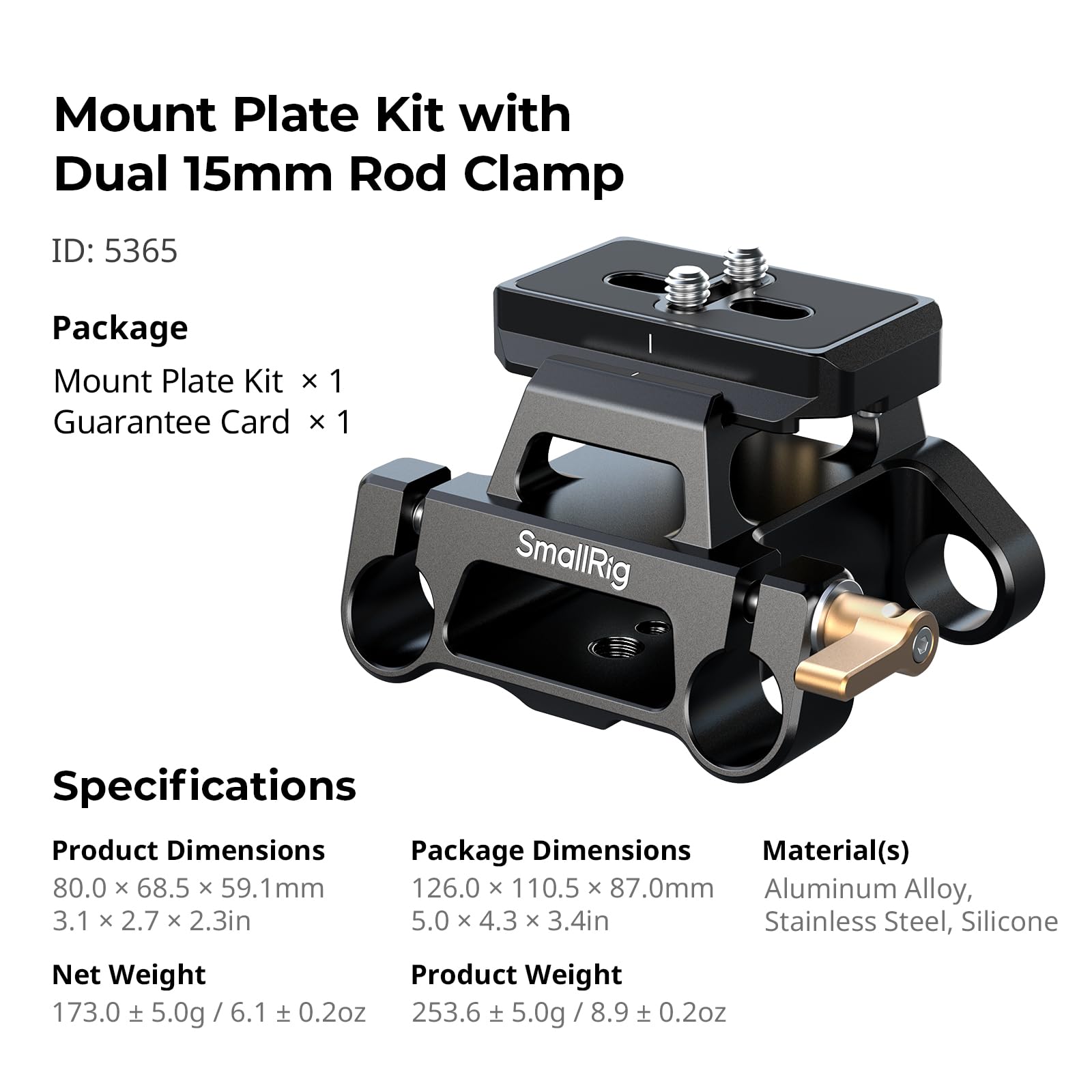Kit de placa de montaje universal SMALLRIG con doble abrazadera de varilla de 15mm para cámaras, placa de liberación rápida incorporada para Arca-Swiss, con roscas de 1/4"-20 y 3/8"-16 - 5365