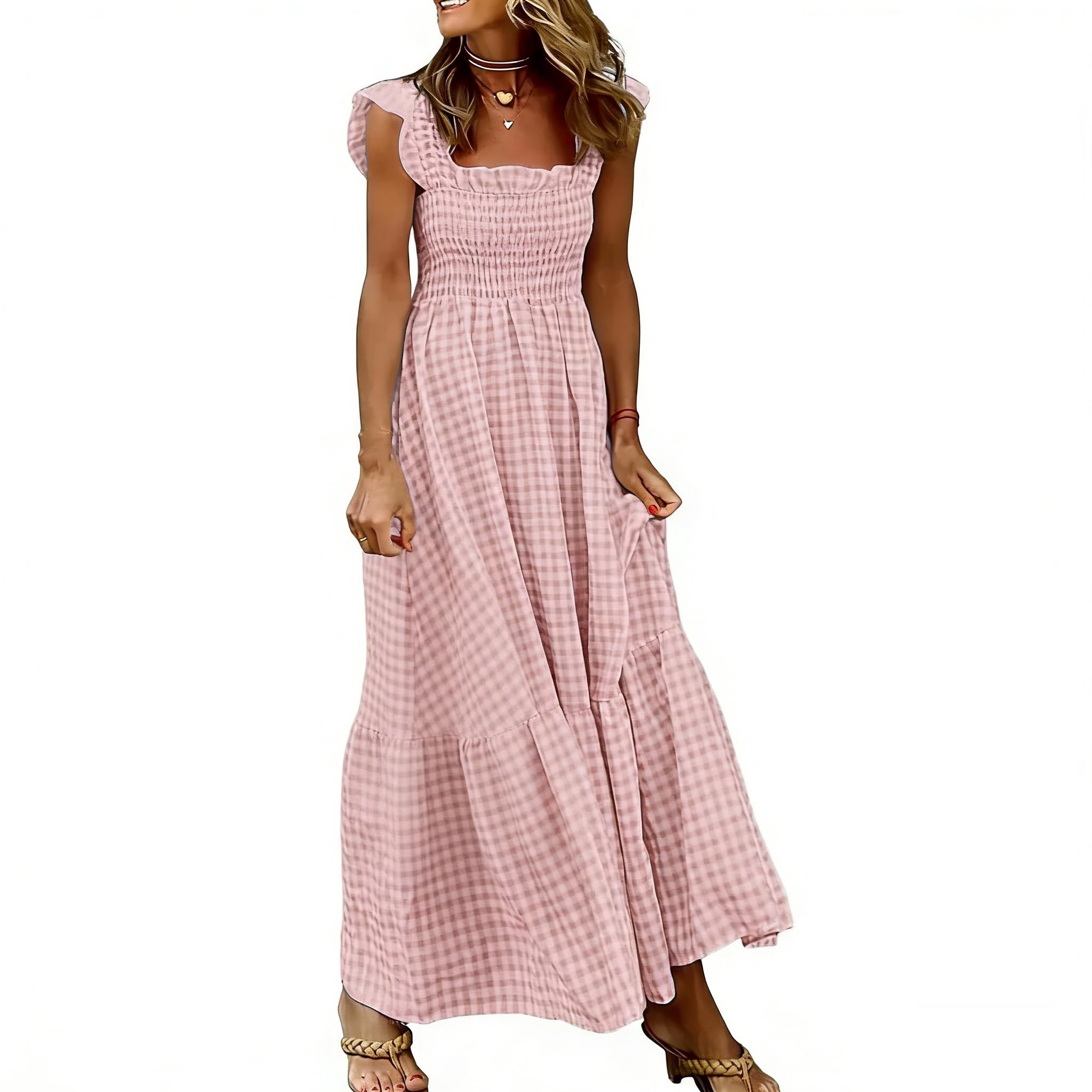 ThiCc Women’s Gingham Maxi Dress – Ruffle Trim Spaghetti Strap Smocked Tube High Waist Flowy A-Line Sundress Sleeveless Plaid Long Dresses for Summer Beach Vacation Casual Wear (Pink,S)