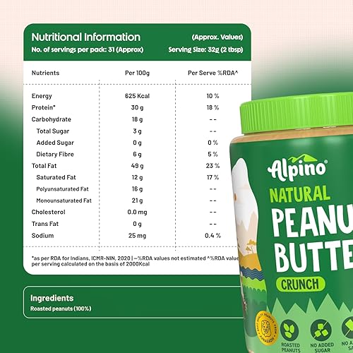 Miniatura 2 de ALPINO Crujiente de mantequilla de maní natural  30% proteína  Hecho con cacahuetes tostados 100% orgánicos  Sin azúcar ni sal añadidos  Mantequilla