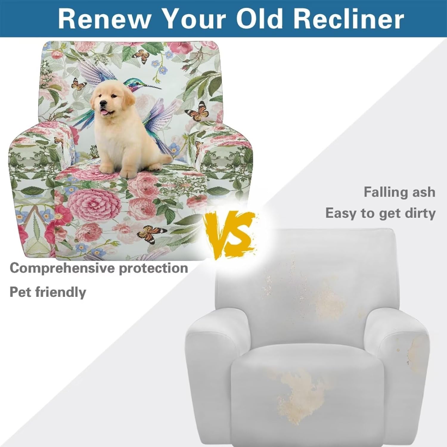 4 Pcs Floral Lazy Boy Chair Covers Stretch Hummingbird Recliner Sofa Cover Furniture Protector Flower Recliner Chair Cover with Elastic Slipcovers Washable for Living Room