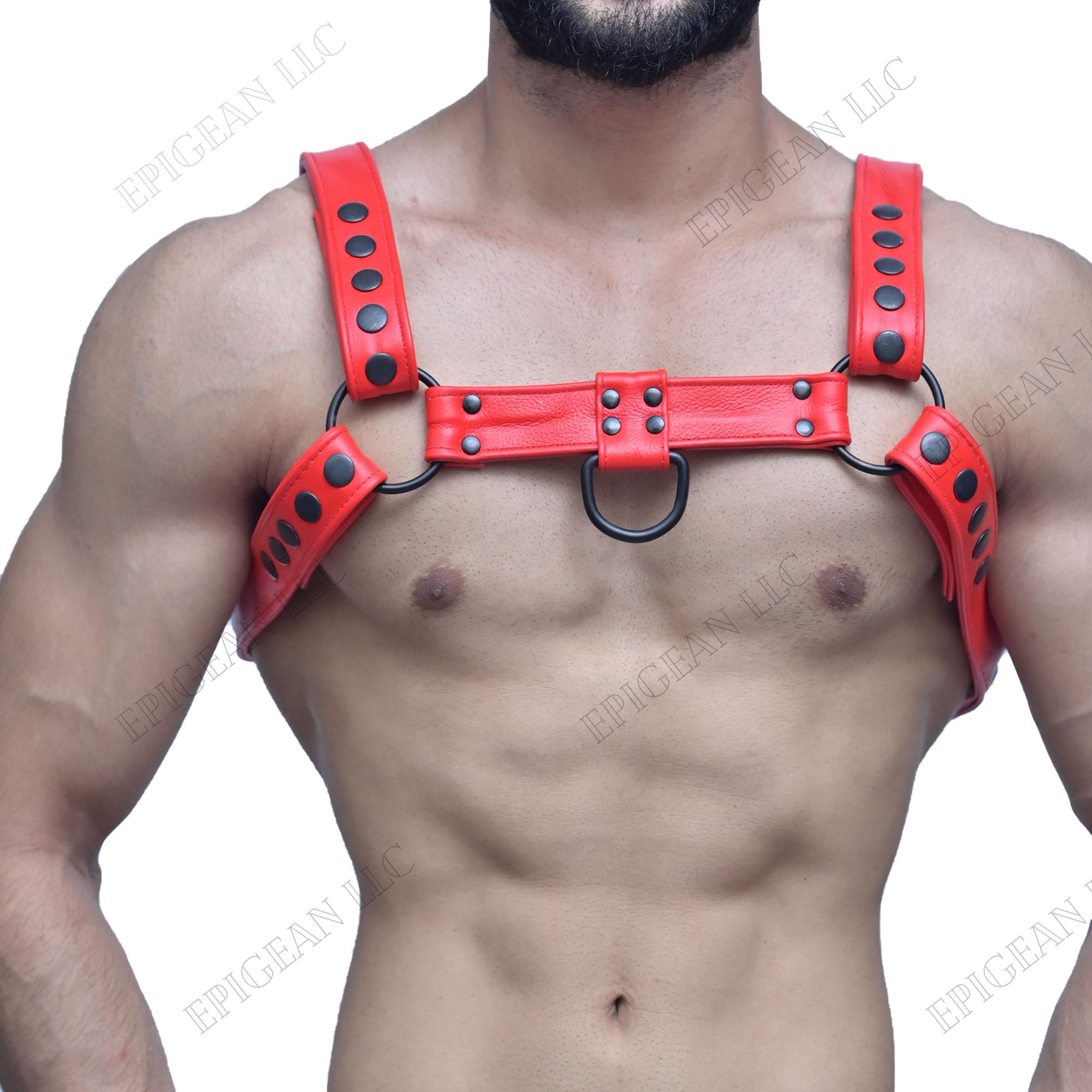 EPIGEAN Men's Leather Harness Body Chest Armour Made up of Genuine leather With Buckles Adjustable Strap Belt (X-LARGE, RED)