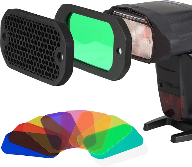 AODELAN Flash Gels Filter Sets, Universal Honeycomb Grid with 8 Color Speedlite Lighting Filter Kit for Canon Nikon Sony Godox Yongnuo Camera Flash Light