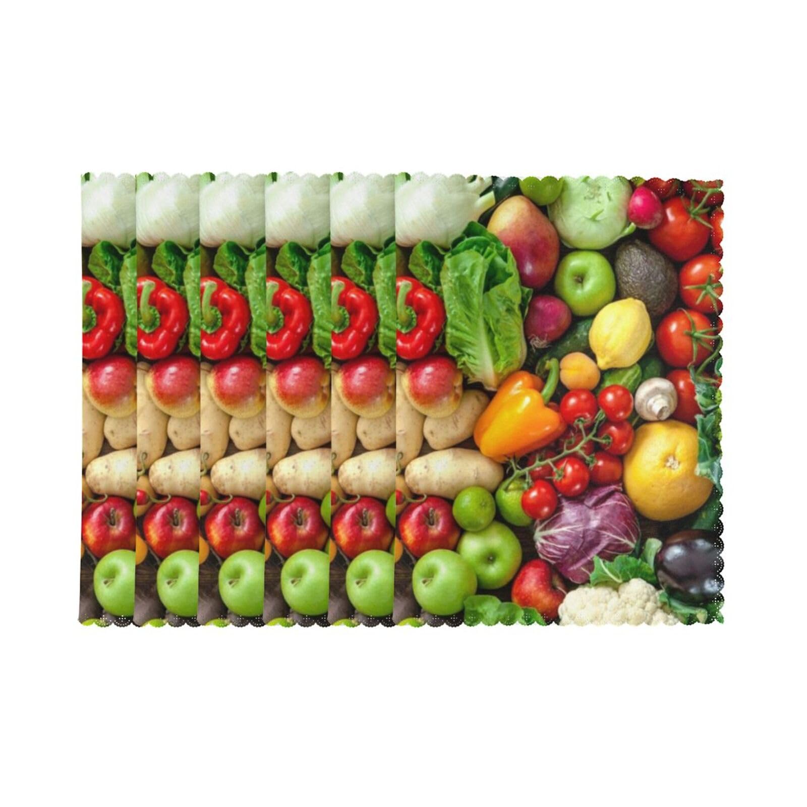 6 PCS Heat Resistant Placemat 45x30 CM, Fresh Fruits and Vegetables Printed Non-Slip Place Mats for Kitchen Dining Table Indoor Outdoor