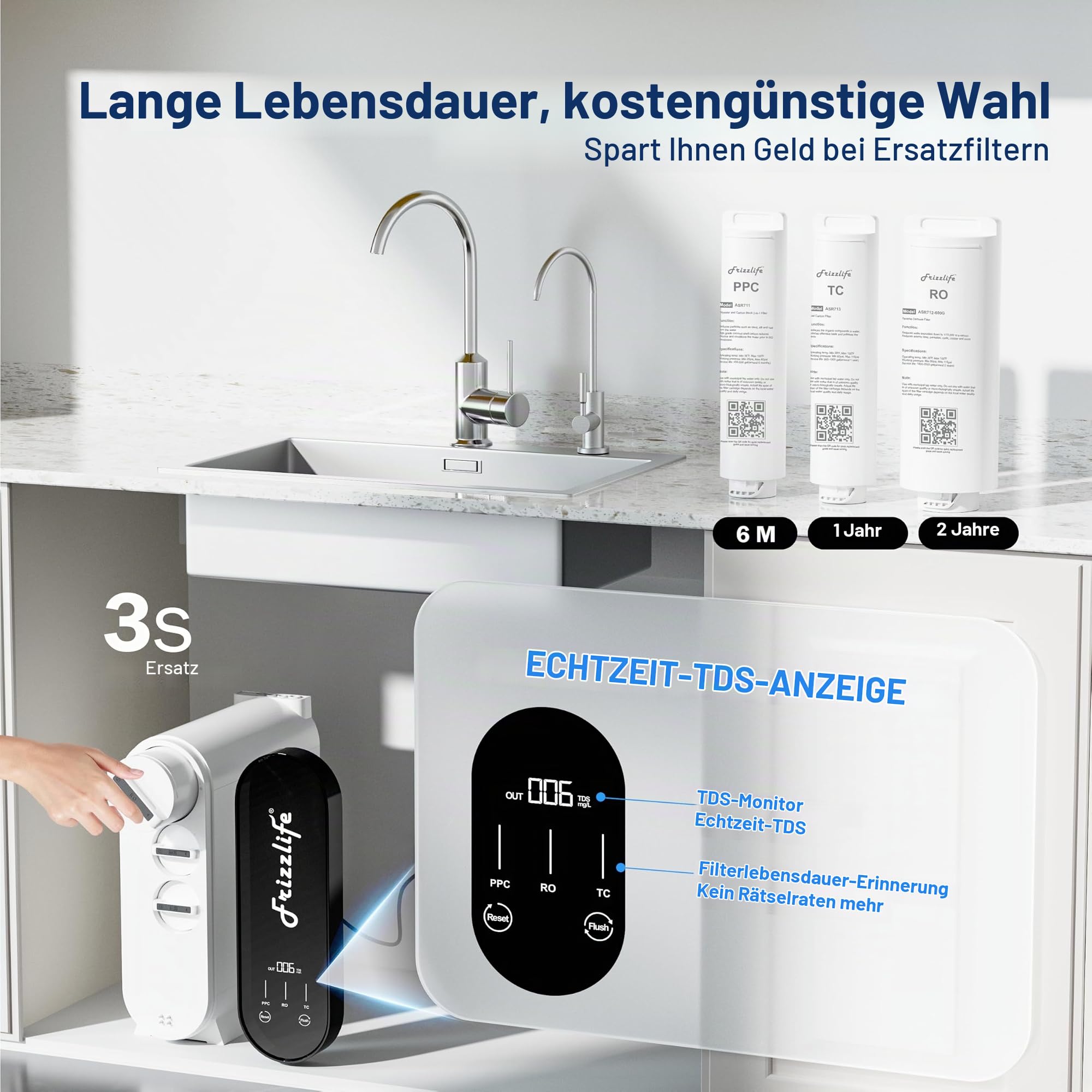 Frizzlife Umkehrosmoseanlage, 600 GPD，Entkalkungsanlage RO Untertisch Wasserfilter，2:1 Rein zu Entwässern, Reduziert TDS, Tanklos, BPA Frei, PX600