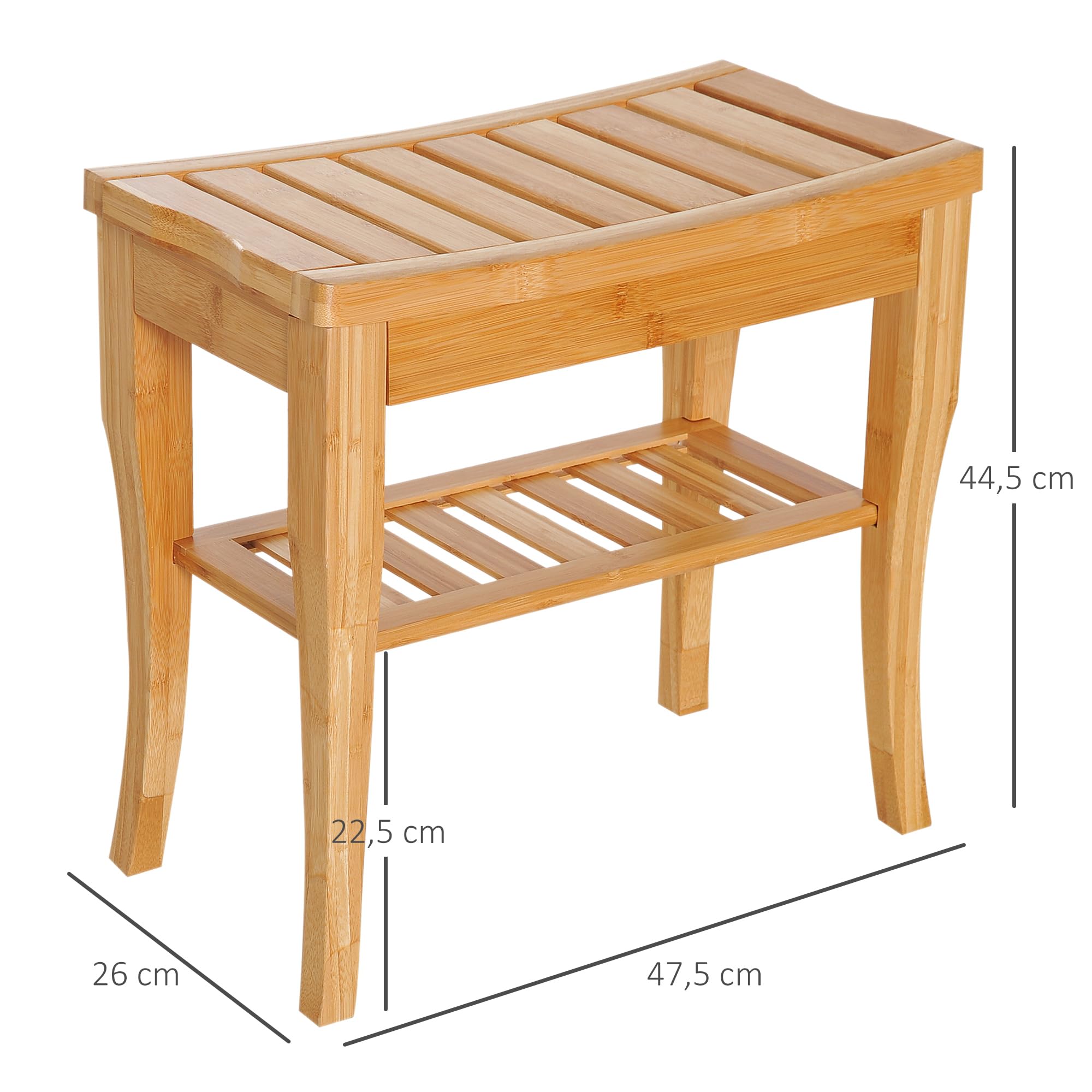 HOMCOM Taburete de Baño de Bambú con Estante de Almacenamiento Banco de Baño Antideslizante Impermeable y Robusta Taburete de Ducha para Hogar Salón Dormitorio SPA 47,5x26x44,5 cm Natural