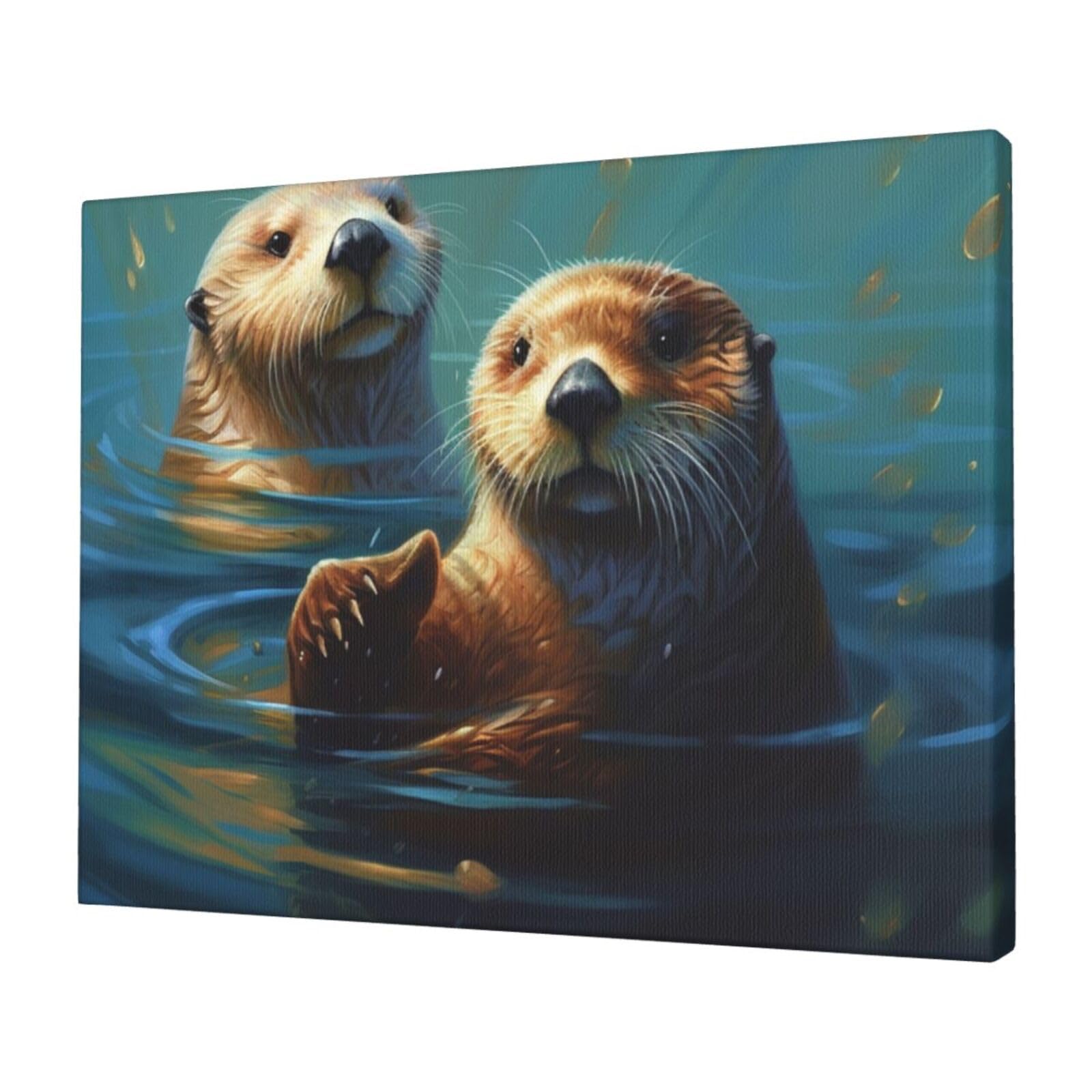 KLOPH Sea Otters Painting Canvas Wall Art for Living Room 12"x16" Modern Artwork Painting for Bathroom Hanging Canvas Prints Aesthetic Wallart for Bedroom Kitchen Office Wall Decor