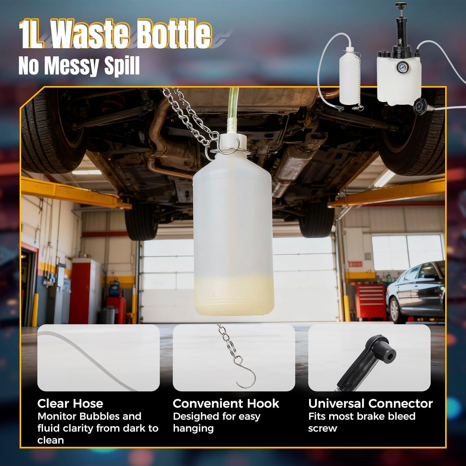 3L Brake Bleeder Kit, Manual Brake Fluid Bleeder Kit with 1L Waste Bottle and 43.5/45/49.5/50.7mm 4 Master Cylinders Adapters and Fluid Dropper, Suitable for Most Vehicles