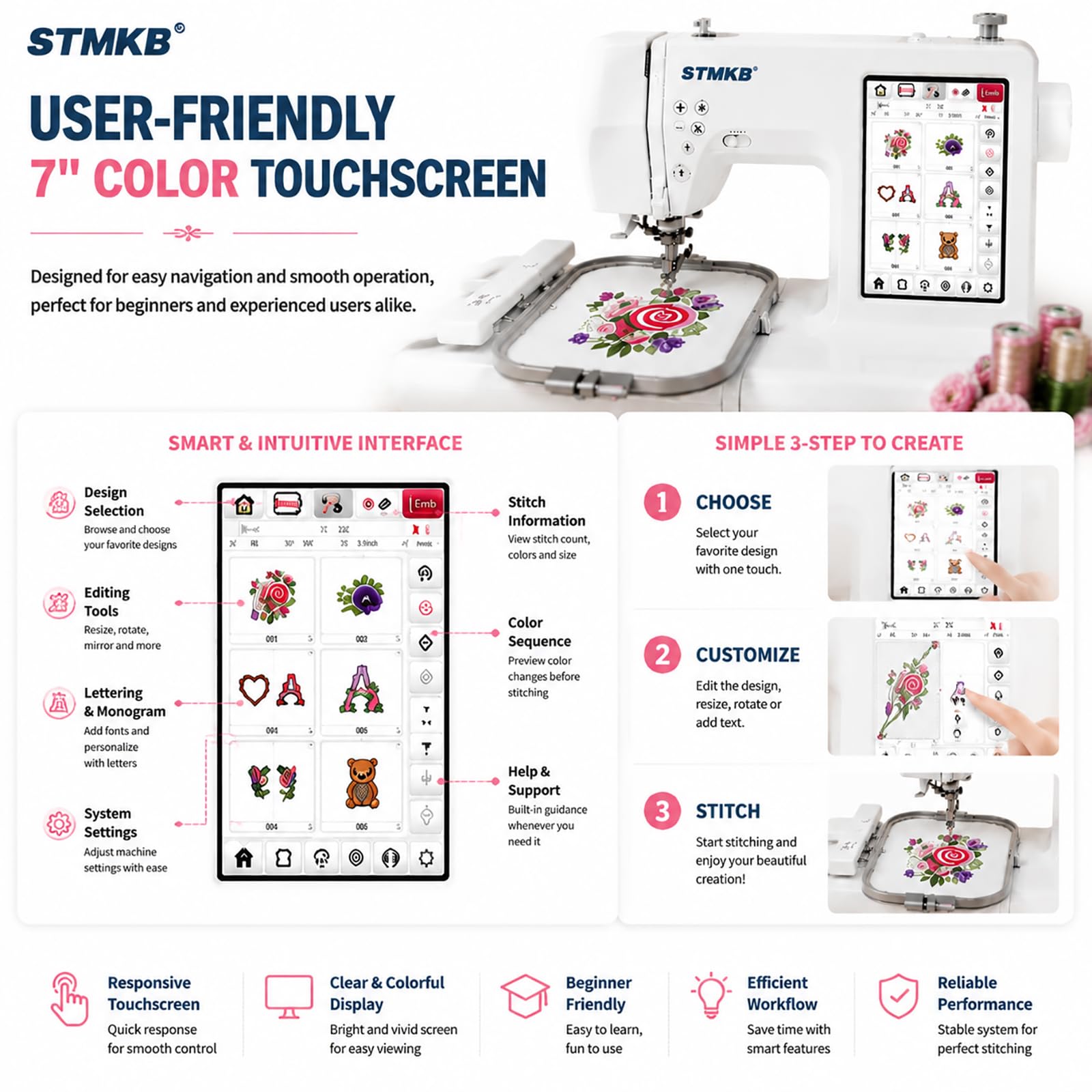 Computergesteuerte Stickmaschine Mit 7-Zoll-Touchscreen, Näh- Und Stickkombination, 207 Stichmuster Und 178 Integrierte Designs, Automatischer Nadeleinfädler, USB-designimport