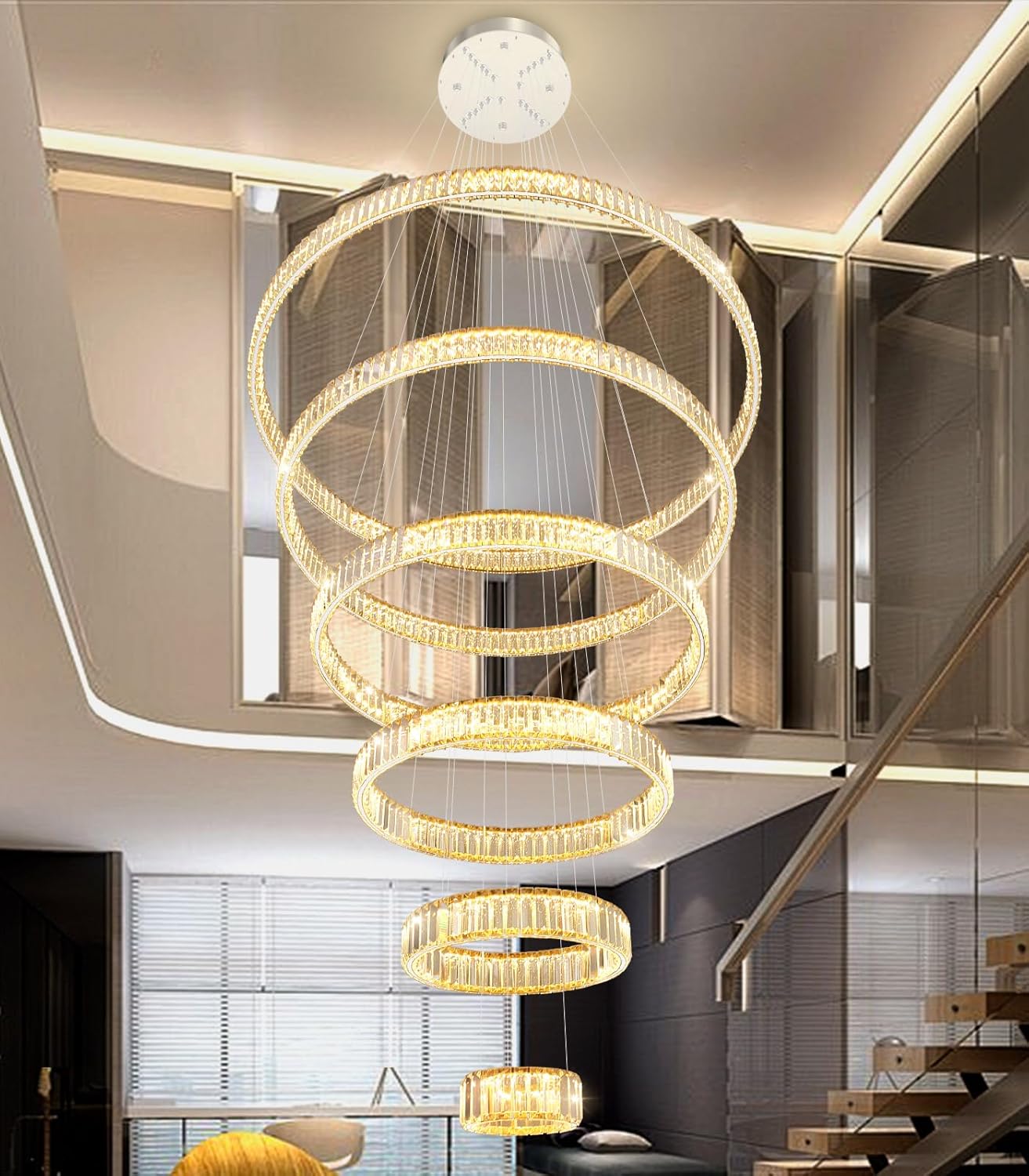 Large Ring Chandelier Modern Crystal Chandeliers for High Ceiling Round LED Dimmable Ceiling Light Fixture for Foyer Long Stair Silver 8''+16''+24''+32''+40''+47''