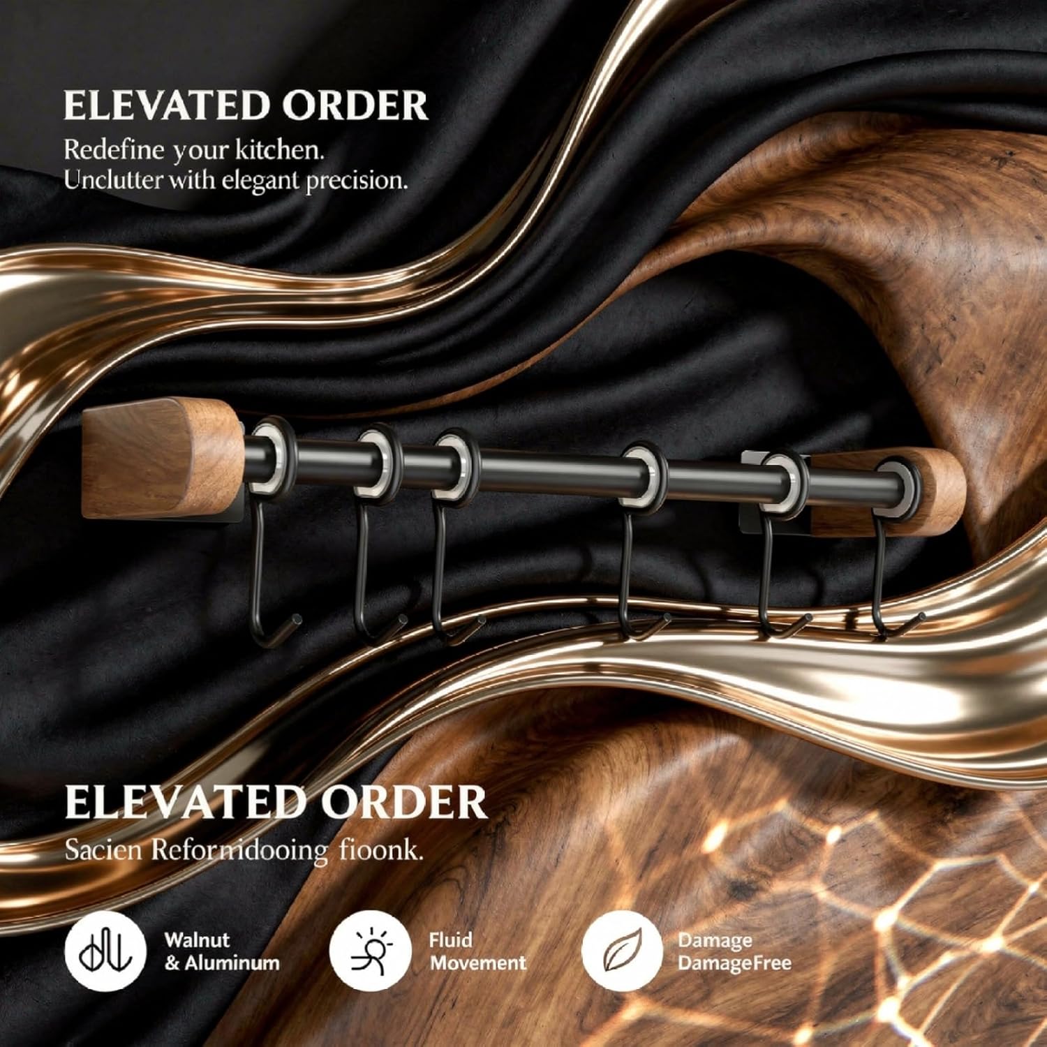 Space-Saving Walnut Wood Kitchen Rail Organizer, 15.7 In / 40 Cm Utensil Holder Hanger, Black Rotating Pot And Pan Rack Wall Mount With 6 Hooks