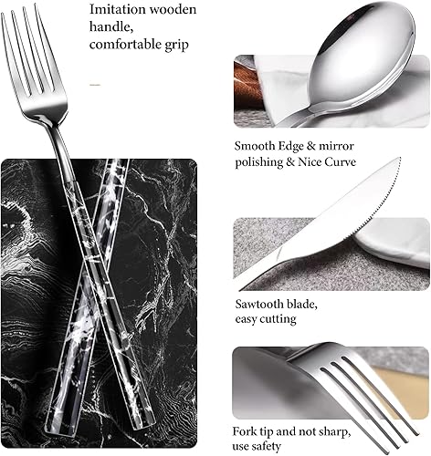 Miniatura 3 de Juego de 4 cubiertos de acero inoxidable, 20 piezas, cubiertos modernos de mármol negro pulido para el hogar, restaurante, incluye cucharas,
