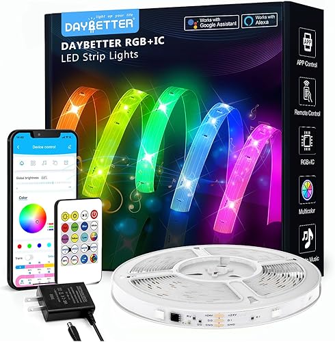 DAYBETTER Tira de luces LED IC inteligente WiFi de 100 pies, funciona con Alexa y Google Assistant, luces LED BGRIC control de aplicación segmentado