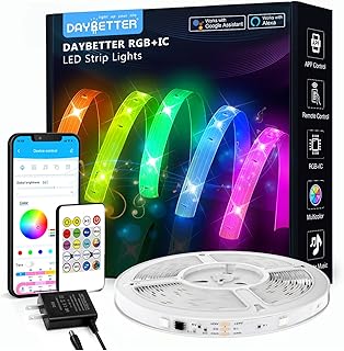 DAYBETTER 100ft Smart IC WiFi LED Strip Lights, Work with Alexa and Google Assistant, BGRIC LED Lights App Control Segmented DIY Multiple Colors, Color Changing Music Sync for Bedroom Decor (1 Roll)