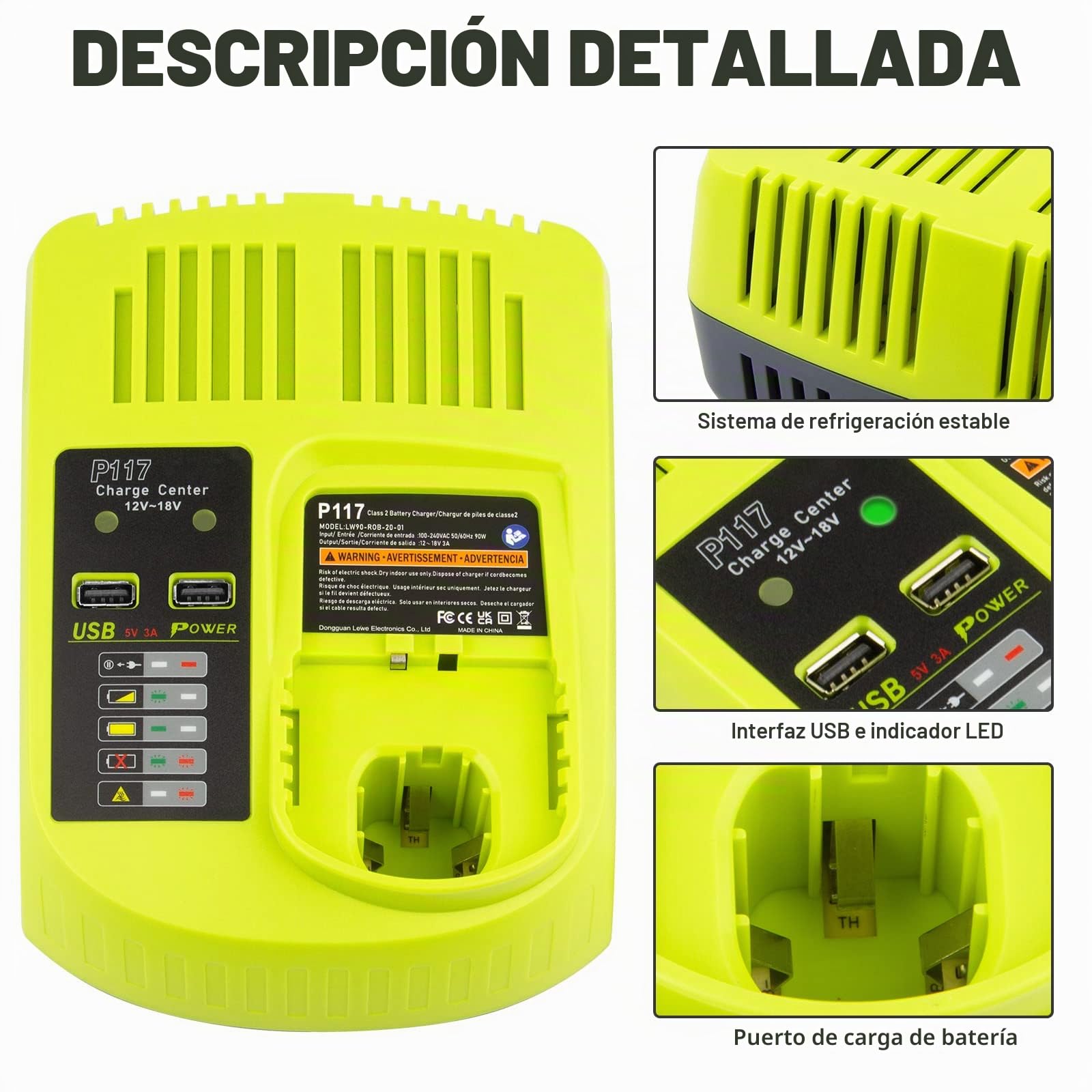 LabTEC RB18L50 - Batería de repuesto para Ryobi (18 V, 5 Ah, 2 paquetes con cargador de doble puerto USB para P117, 12 V, 18 V, One Plus, P107, P108, RB18L15, RB18L40)