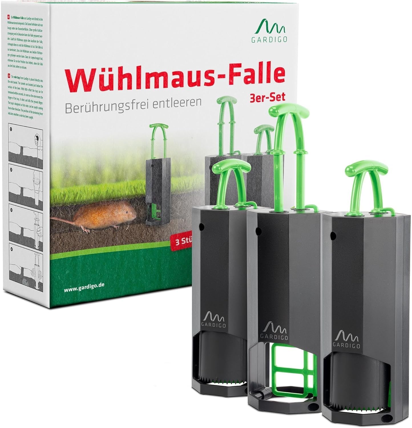 GARDIGO® Trappola per Talpe e Arvicole - Set di 3 Pezzi | Scaccia Talpa | Anti Talpe da Giardino | Trappola Arvicole | Cattura da 2 Direzioni | Antitalpa