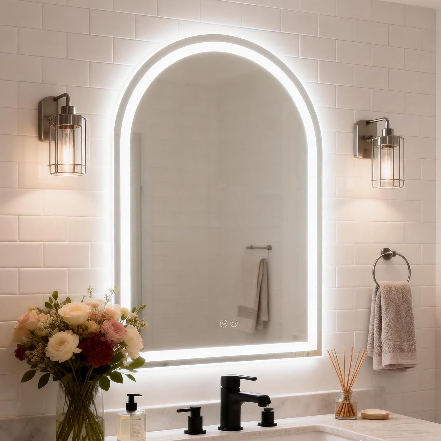 VASUHOME 24"x36" Arched LED Bathroom Mirror with Lights, Backlit + Front-lit Double Lighted Vanity Mirror for Wall, Anti-Fog, 3 Color Dimmable, Shatterproof, Memory Function, UL Listed
