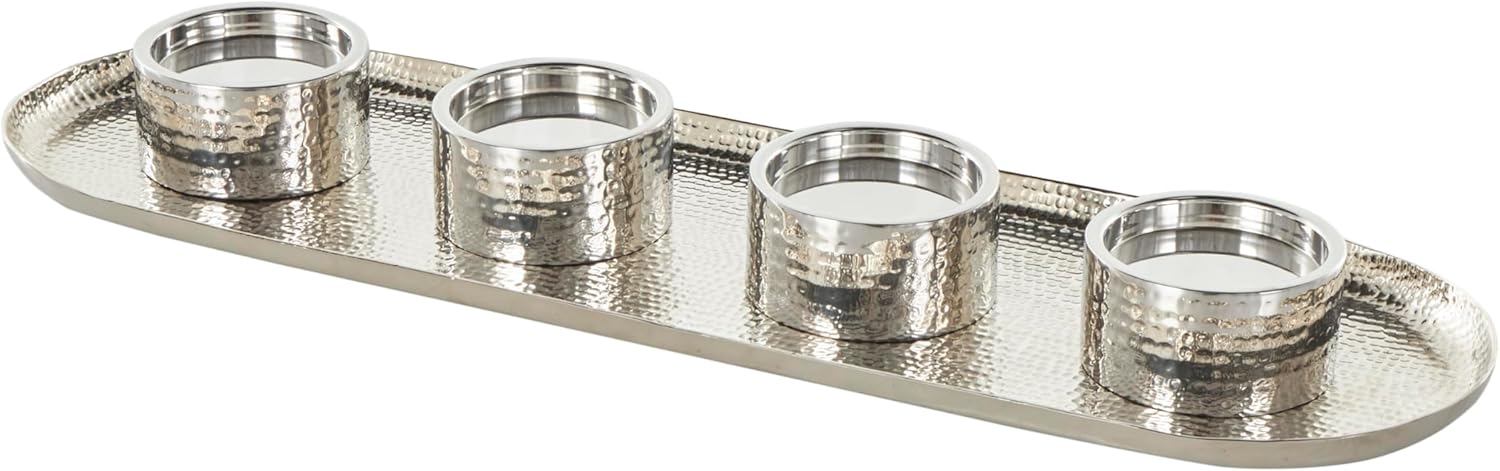 Deco 79 Stainless Steel Metal Decorative Candelabra 4 Candle Candlestick Holder with Attached Tray, Candlestand 26" x 8" x 2", Silver
