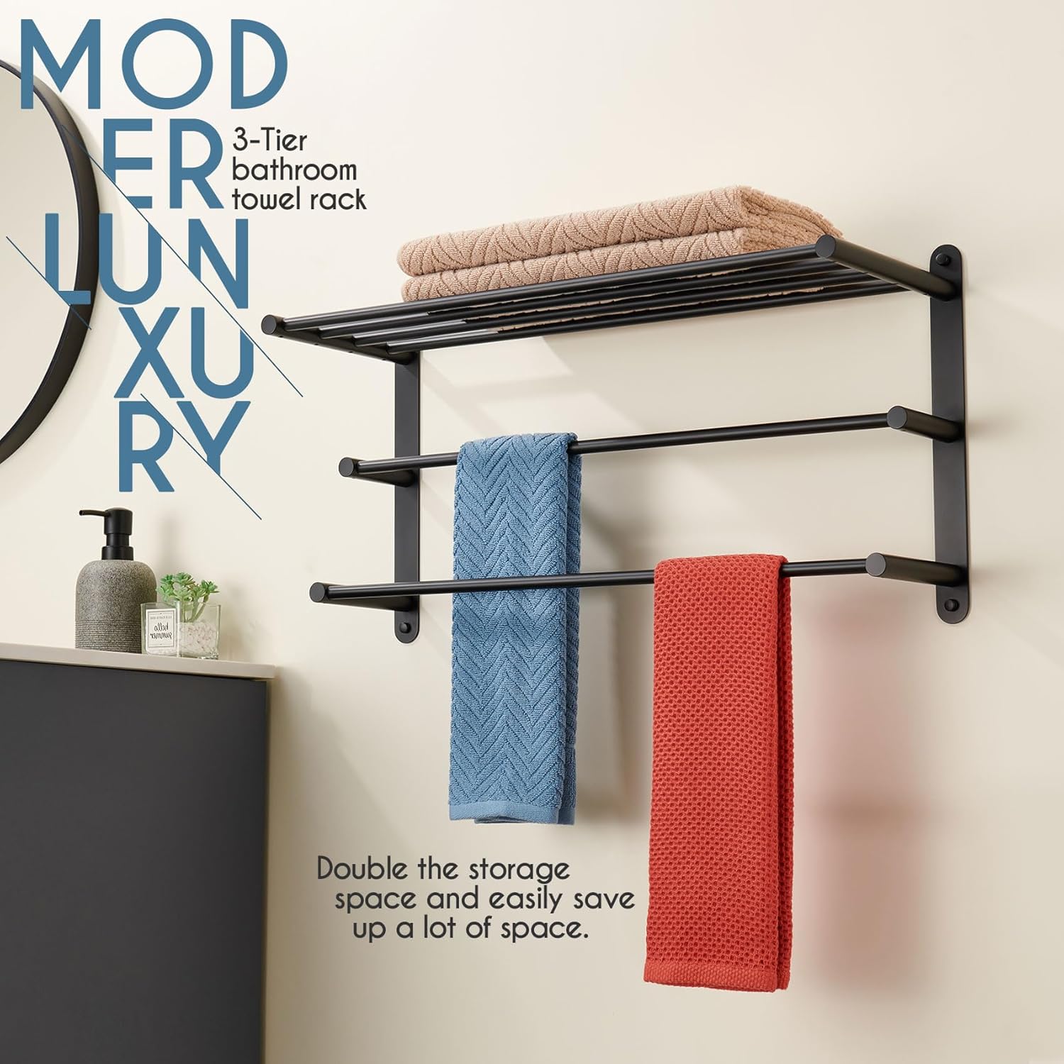 KOKOSIRI Double Towel bar with Shelf 3 Tier Towel Rack with Single Towel Bar Bathroom Towel Rack Storage Organizer Wall Mounted Stainless Steel, Matte Black, B5003BK - Image 6