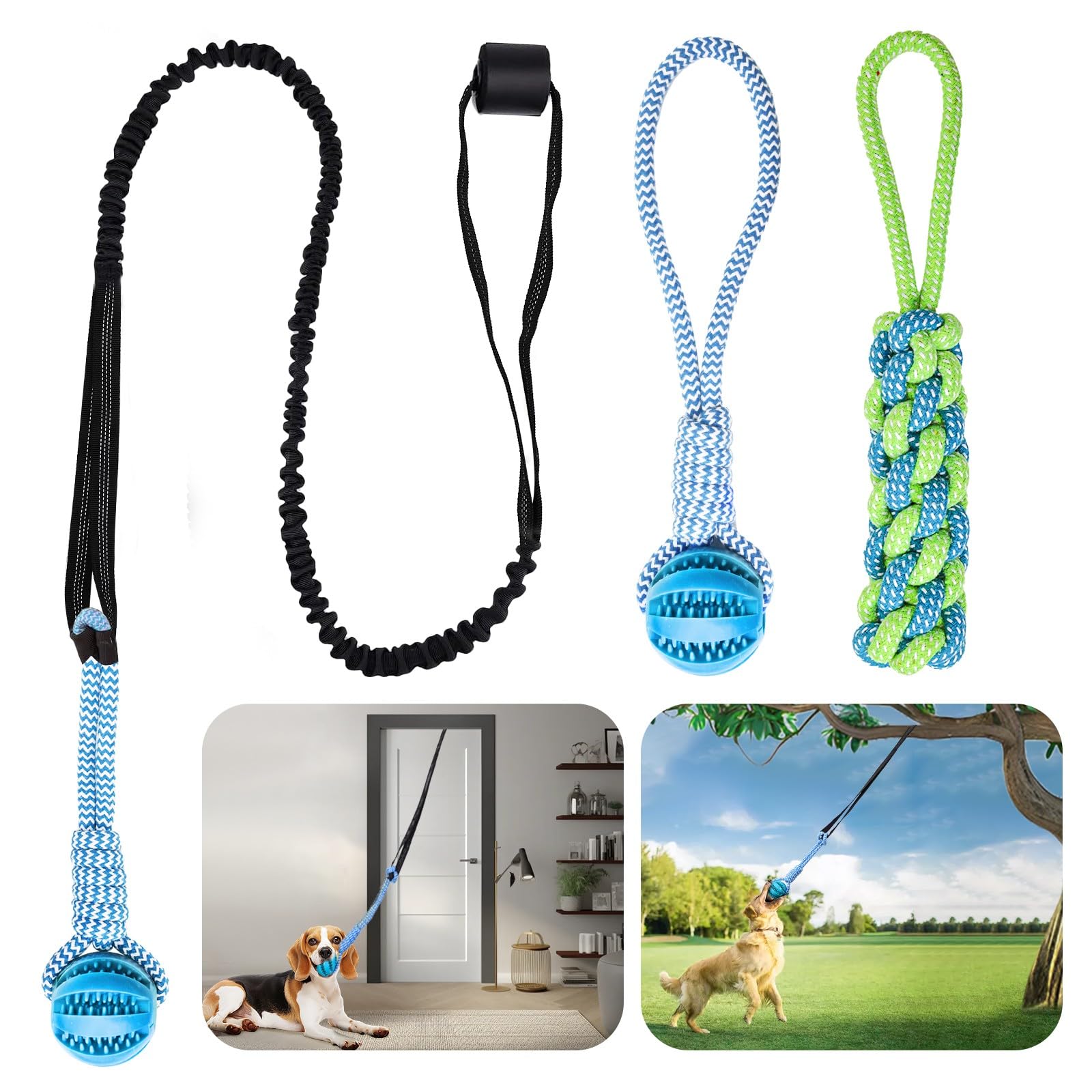 VibeVerve Dog Bungee Toy,Interactive Dog Tug of War Toys Set with Tether, Rope and Ball, Tree Hanging Toy with 2 Chew Ropes,Indoor Spring Pole Ropes,for Small/Medium Dogs