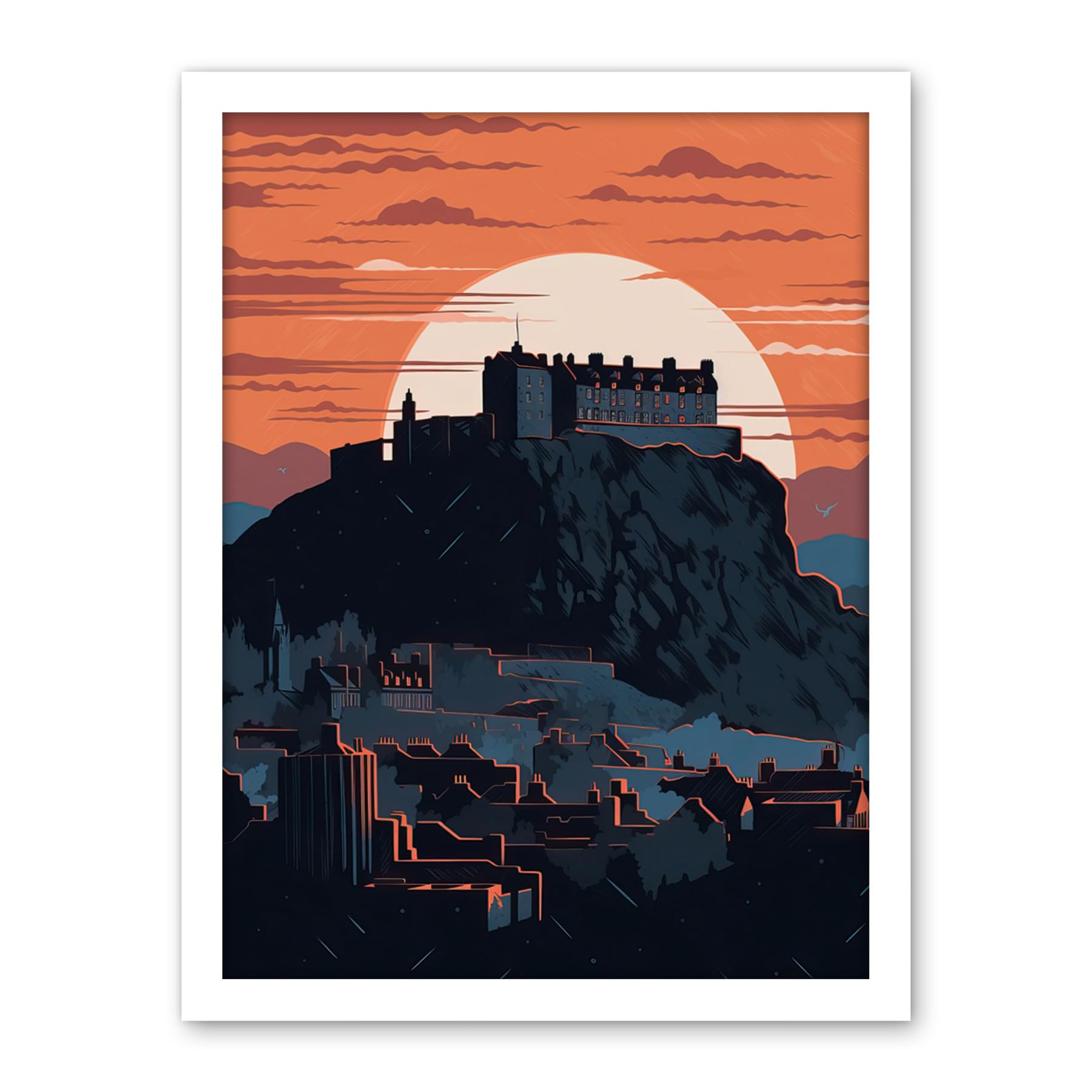 Artery8 Edinburgh Castle and Old Town Atmospheric Sunset Artwork Framed Wall Art Print 18X24 Inch