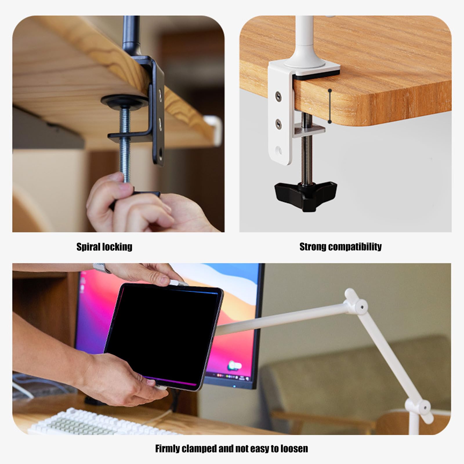 Flexibler Tablet Tischständer, robuste Klemmsysteme, 360-Grad Drehung, verstellbare Armlänge, ergonomische Betrachtungsposition, höhenverstellbare Tablet Arm Tischhalterung