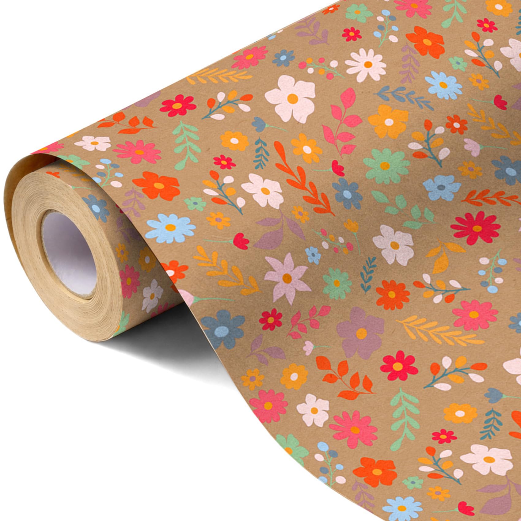 43cm x 10m Floral Wrapping Paper Brown Roll Rustic Flower Gift Wrapping Paper for Birthday Wedding Anniversary Presents & Craft Use(Red Flower)