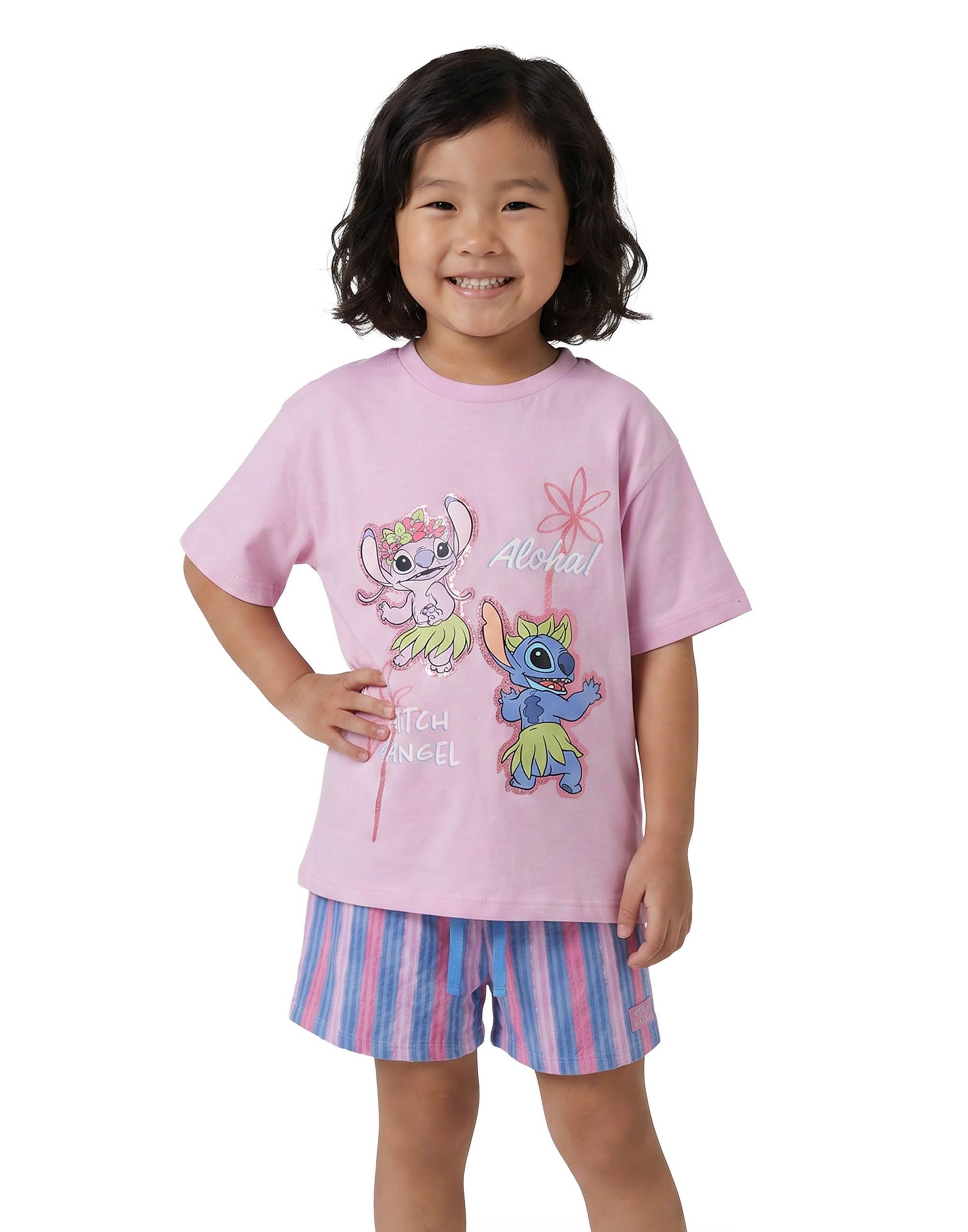 Lilo & Stitch - Girls - T-Shirt & Shorts Set - 7-8 Years - Pink