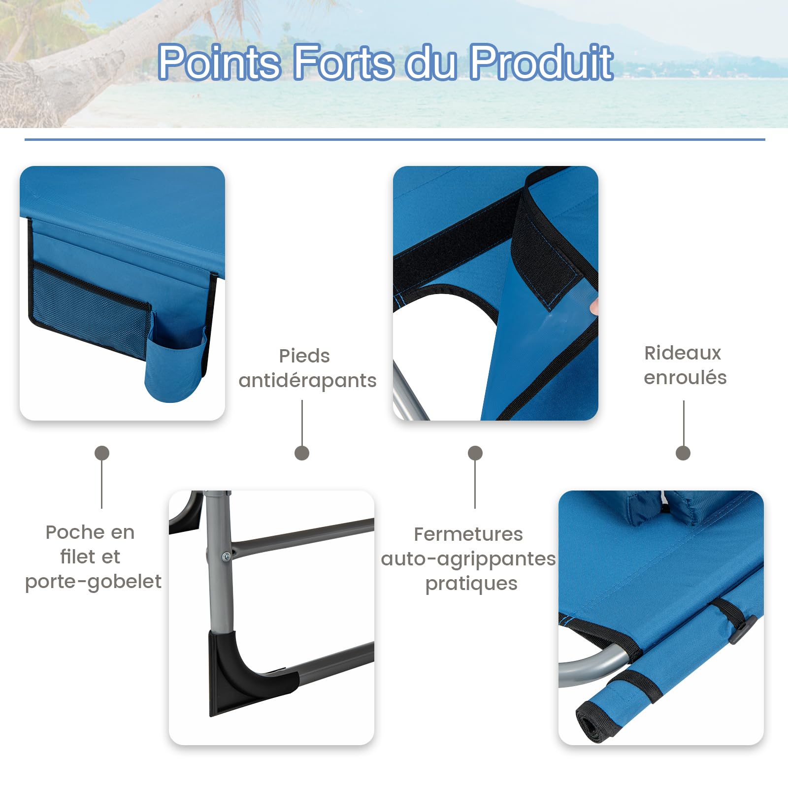 COSTWAY Bain de Soleil Pliable Inclinable à 5 Positions, Charge 150kg, Transat de Plage Pliable, Trou pour Visage, Appui-tête Amovible, Porte-gobelet et Poche, Chaise Longue pour Jardin Plage(Bleu)