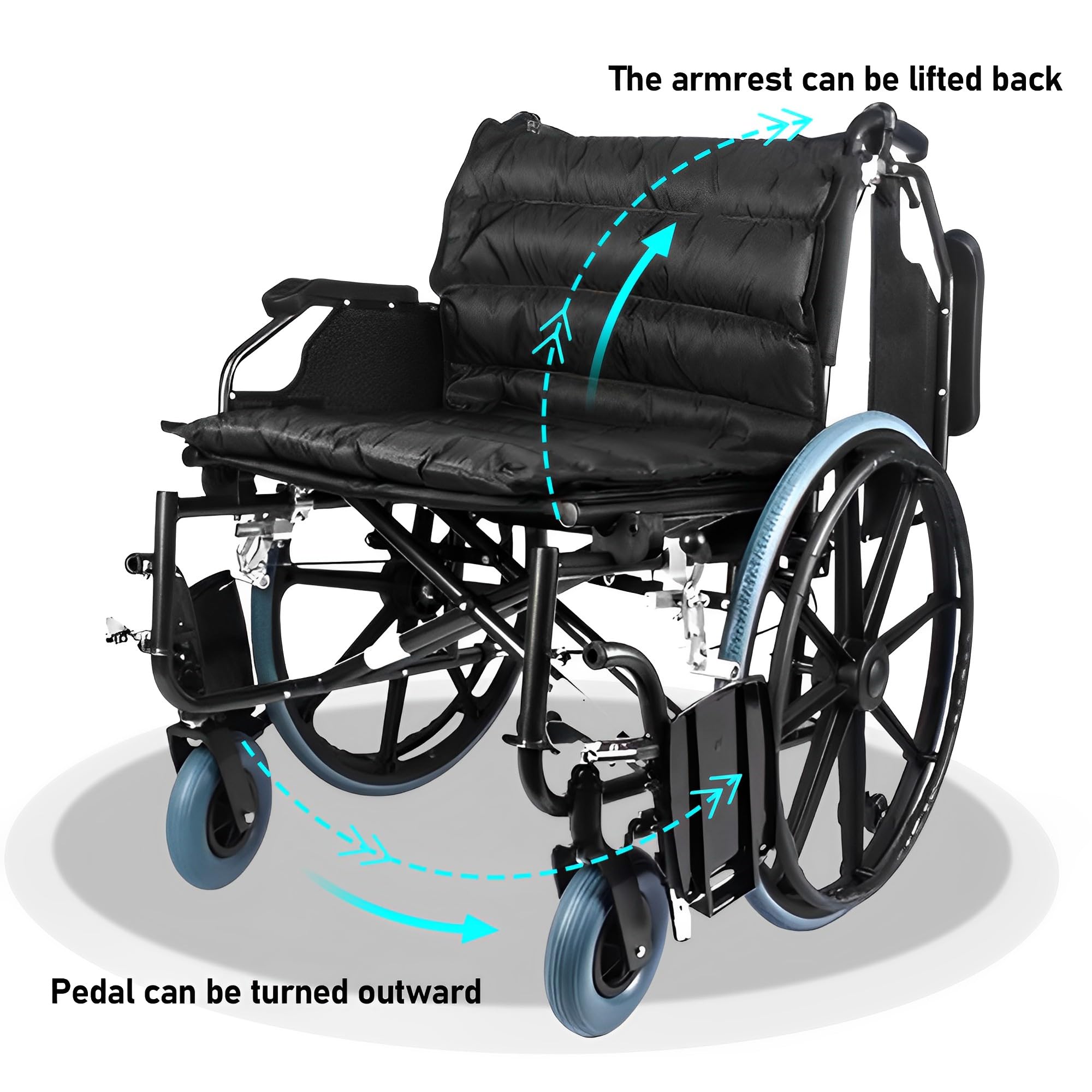 Bariatrischer Rollstuhl, tragbar, extra breit, 51 cm, Stahl, zusammenklappbar, selbstfahrend, strapazierfähig, 20 kg, für ältere Menschen und Behinderte, Reisen und