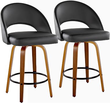 LumiSource Renee Upholstered 26" Fixed-Height Counter Stool Set of 2, Walnut Wood Barstools, Bar Height Stools Set of 2, Bar Chairs Black Faux Leather