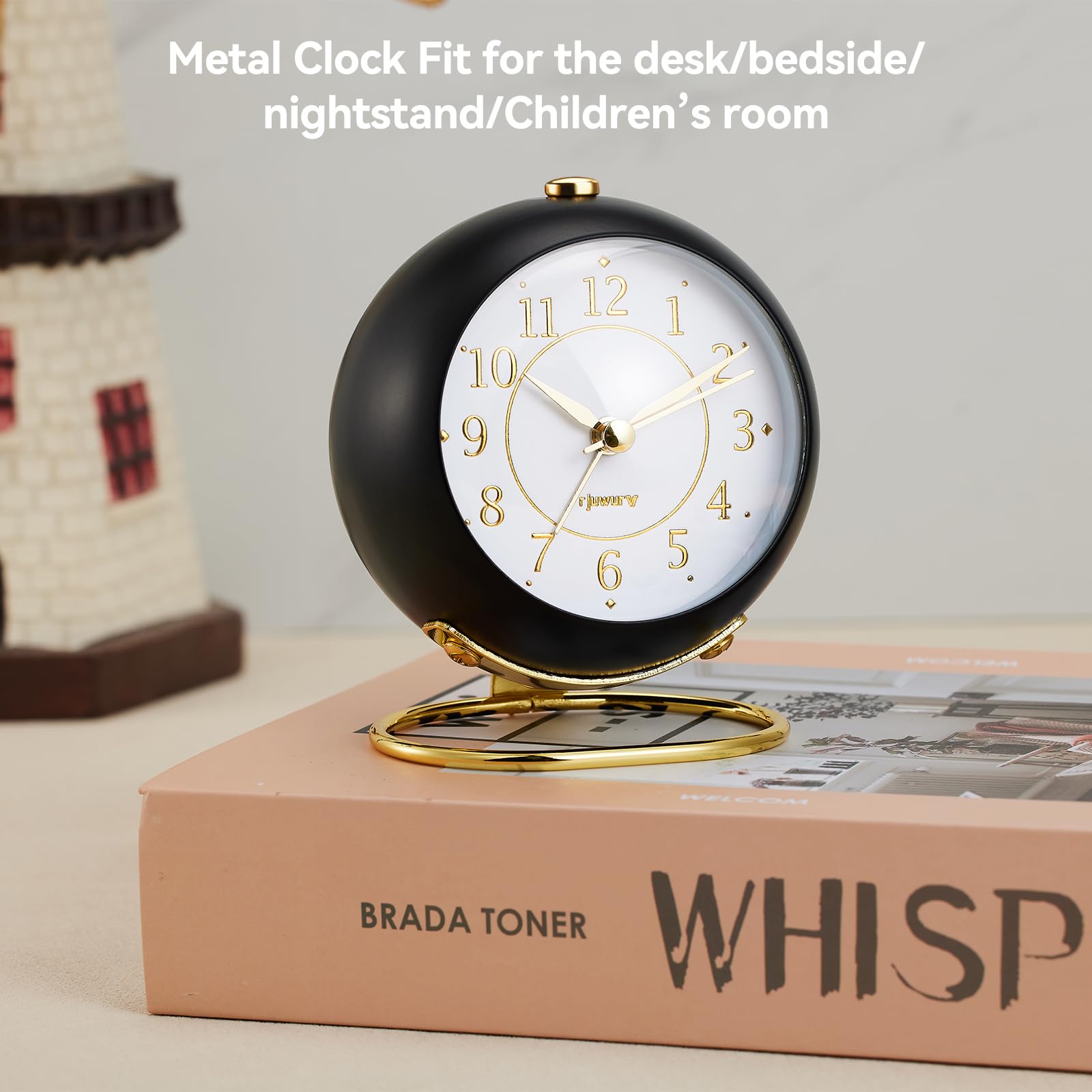 rjuwurv Metal Desk Alarm Clock, Retro Bedroom Table Vintage Analog Silent Non-Ticking Gold Alarm Clock, Bedside Decor(Black) 2