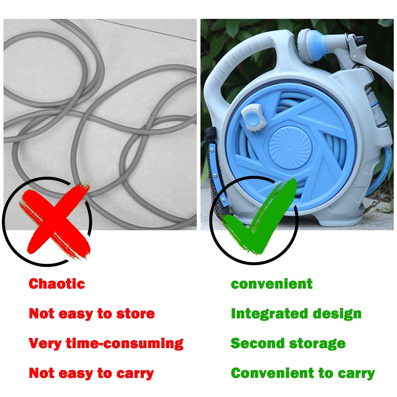 Avvolgitubo da giardino con avvolgimento automatico e ugello spruzzatore multi-modello per una facile irrigazione del patio, design portatile