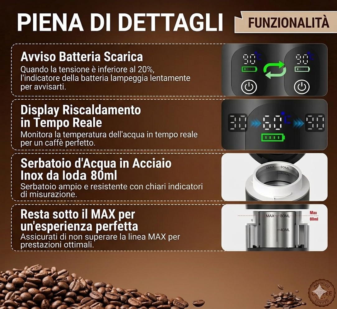 Macchina Caffè Portatile Espresso 3-in-1 - Riscaldamento Acqua Automatico 5 Min, Batteria 7500mAh, 20 Bar Pressione - Compatibile con Capsule Grandi, Piccole e Caffè Macinato - Per Auto, Viaggio, Uffi