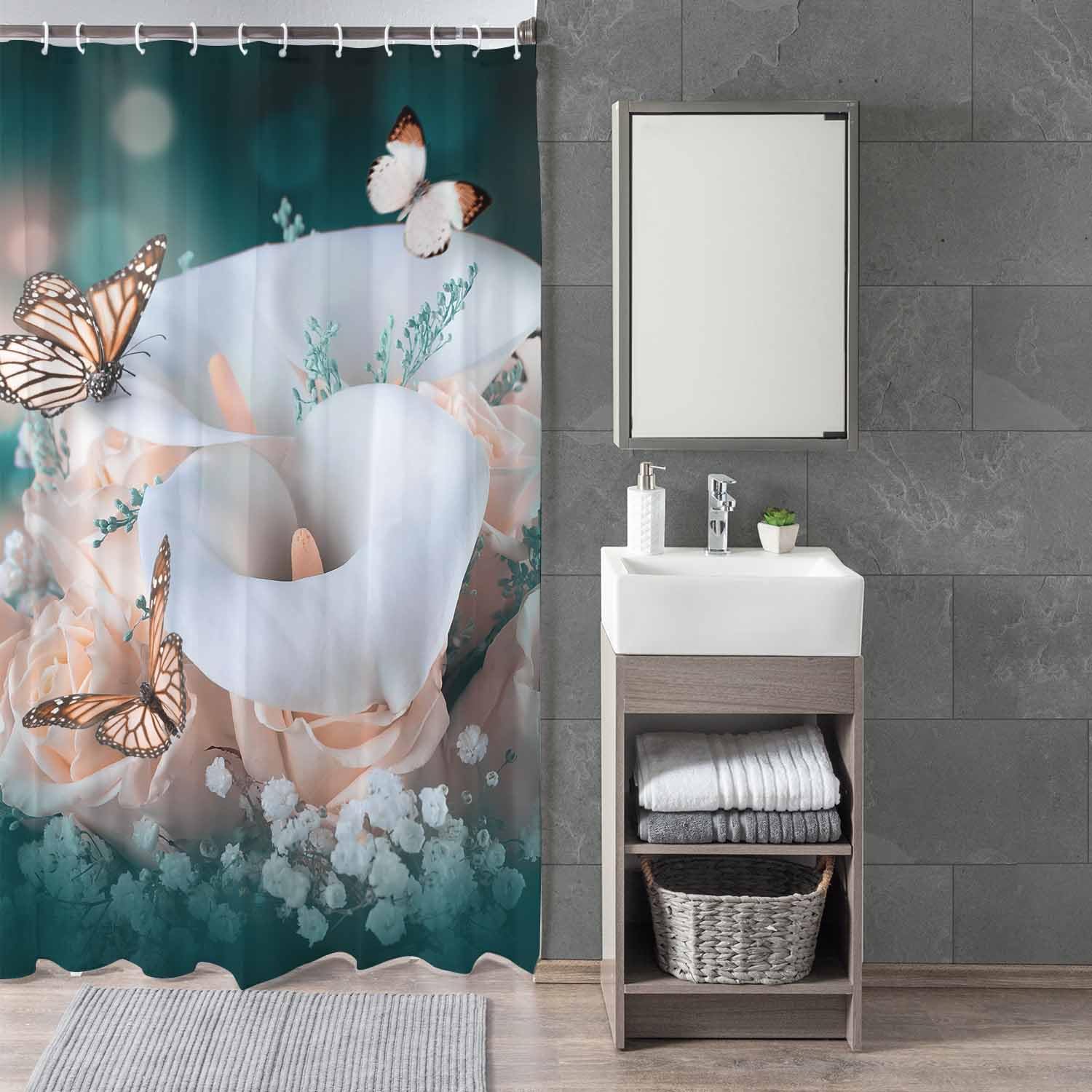 Woutay Shower Curtain Mould Proof Resistant Roses and White Calla Lilies Butterfly,Water Repellant Fabric,Polyester,with 12 Plastic Hooks - Image 3