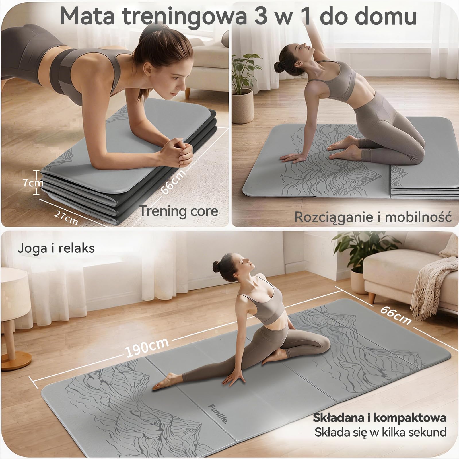 FunLife Mata do jogi XXL 190 × 66 cm – 10 mm składana mata do fitnessu | Bardzo gruba i antypoślizgowa. Idealny do jogi, pilatesu, gimnastyki oraz treningu w domu, w studiu lub na świeżym powietrzu.