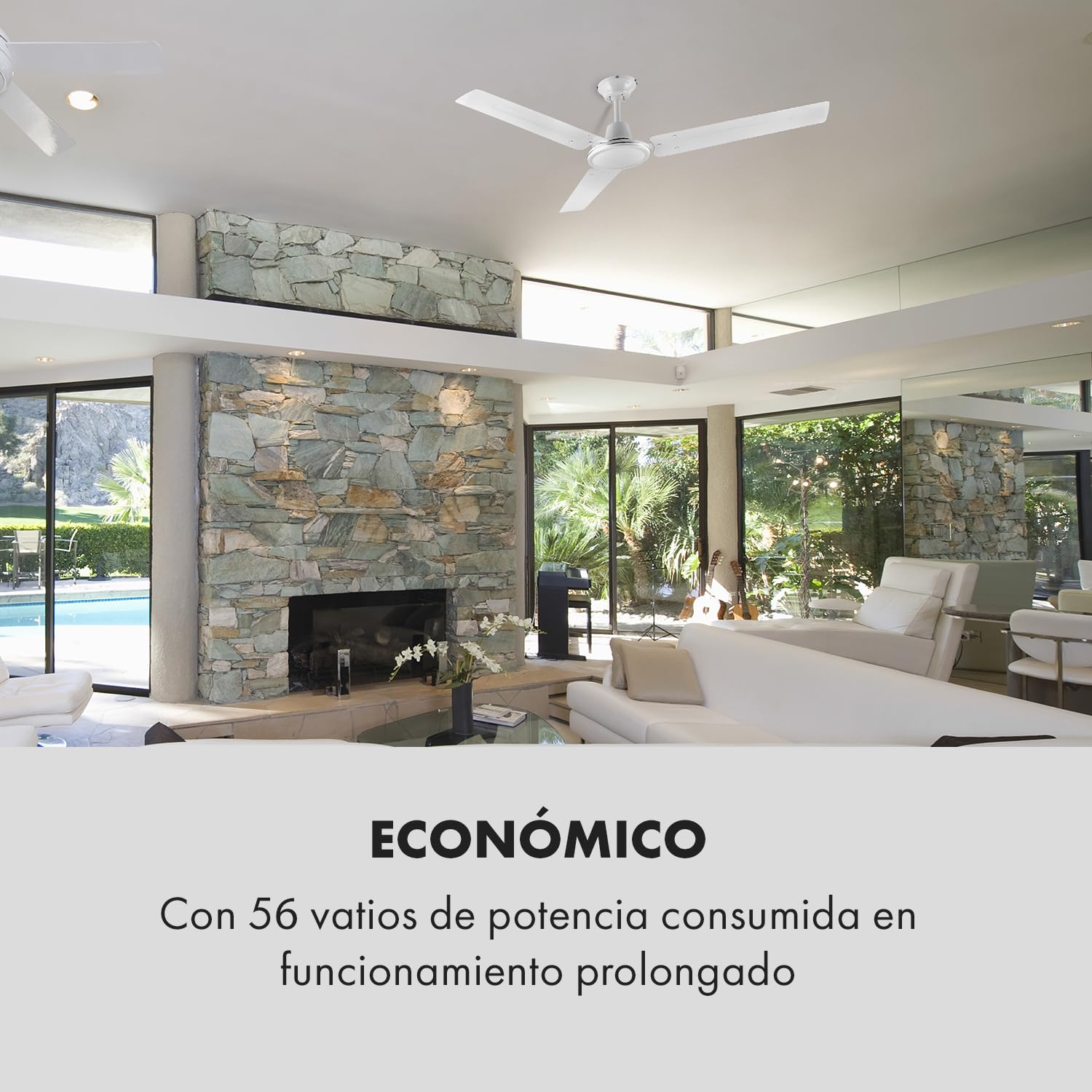 Klarstein Spin Doctor - Ventilador de techo, 3 aspas, Diámetro: 48" / 122 cm, Caudal de aire: 9963 m³/h, 56 W, 3 velocidades, Control de pared independiente, Cuerpo: acero inox., blanco