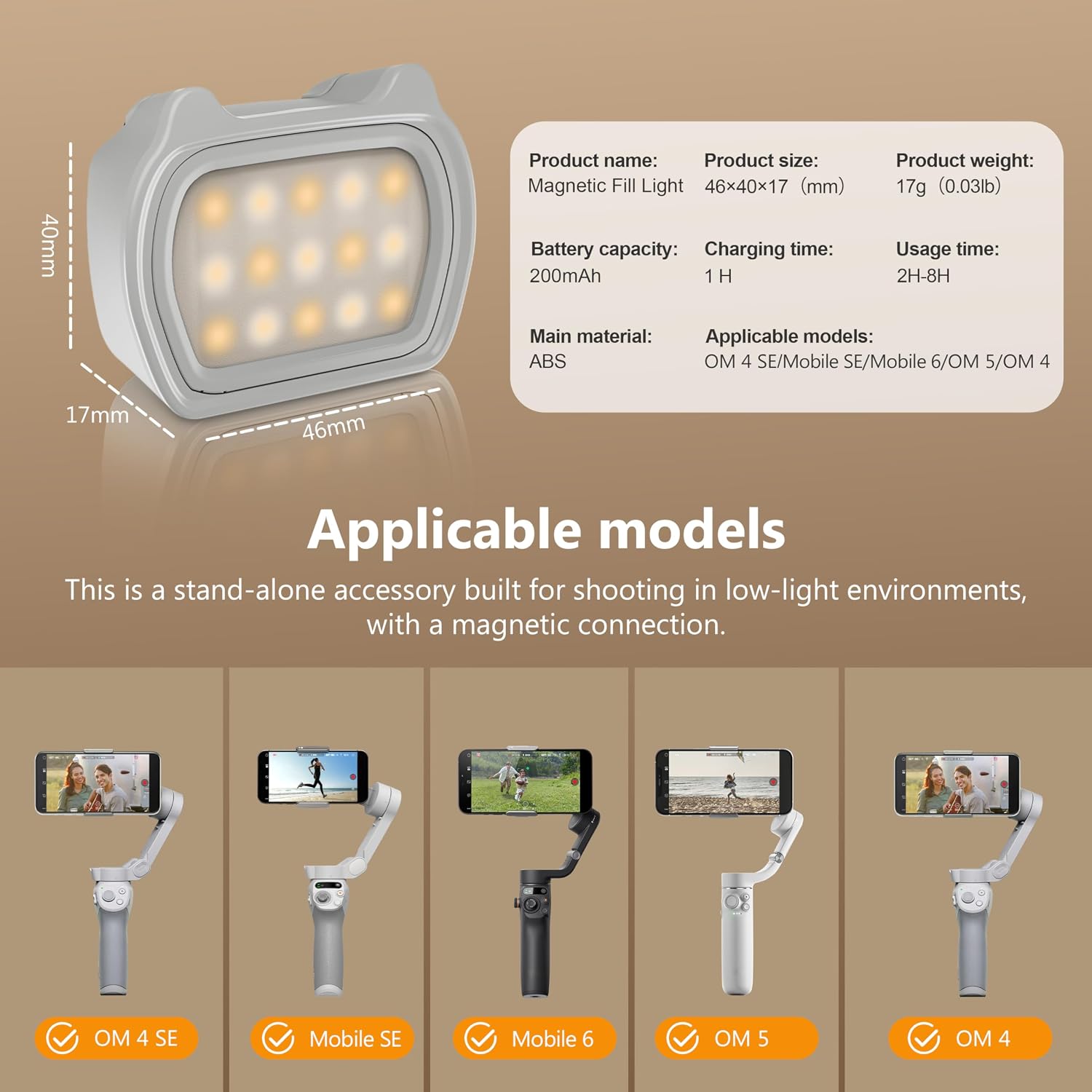 Magnetic Fill Light for DJI Osmo Mobile 8/7P/7/6 Accessories,3 Color Modes Compatible with DJI Osmo Mobile 8/7P/7/6/5/4/SE Gimbal Stabilizer