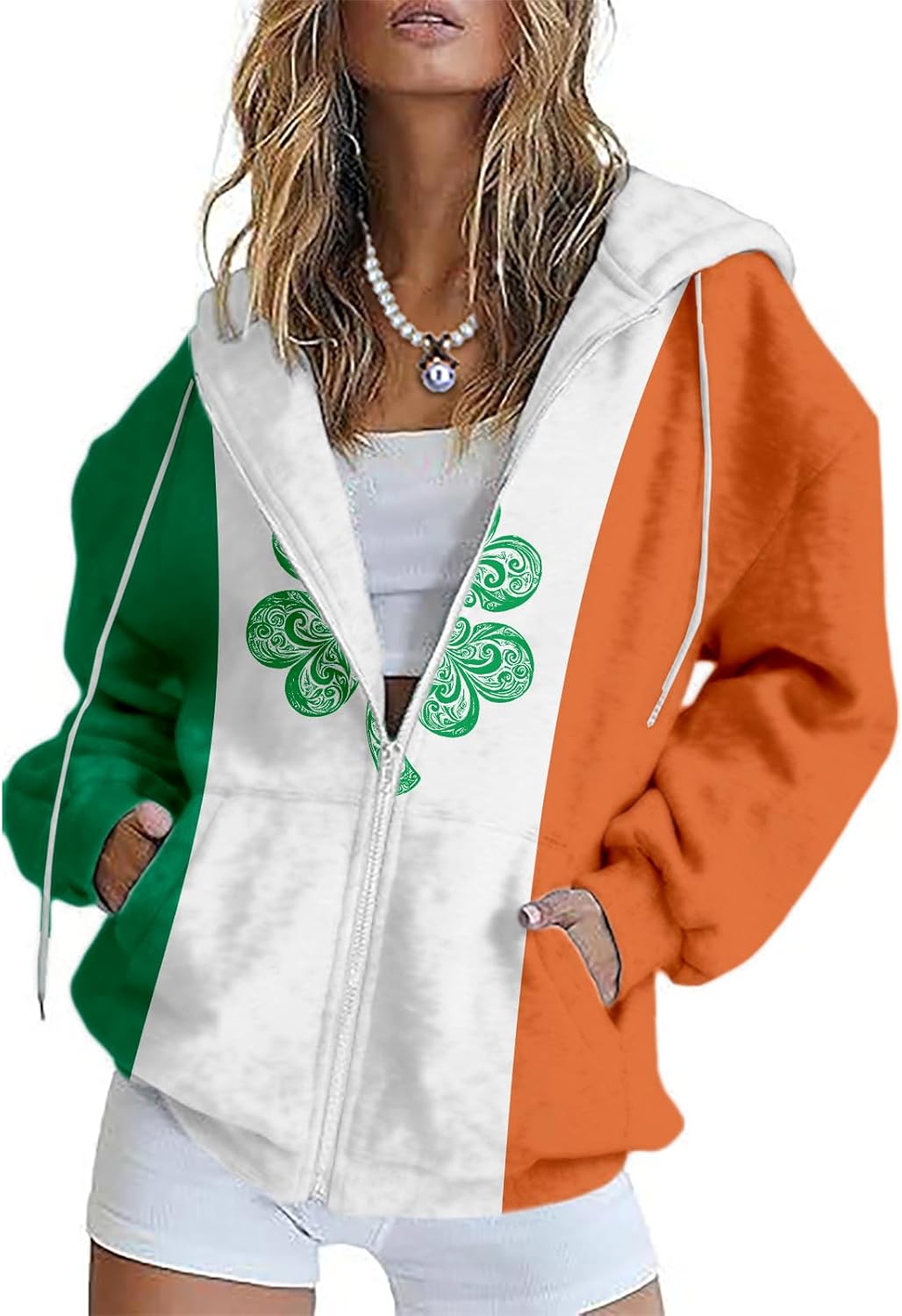 Green Hoodies For Women Shamrock Graphic Zip Up Long Sleeve Drawstring Hooded Sweat...