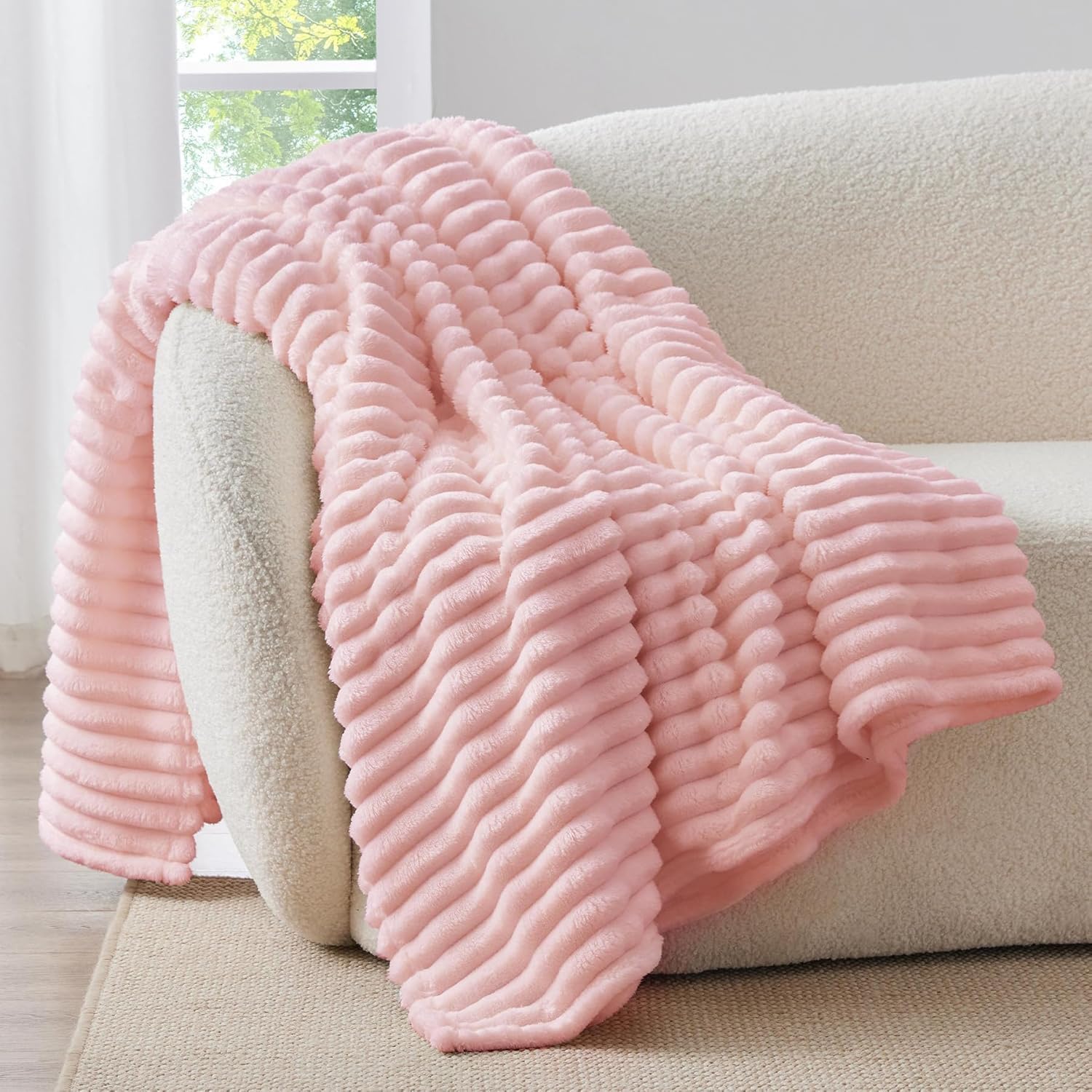 BEDELITE Fluffy Fleece Throw Blanket, Striped Decorative Soft Warm Gift for Sofa Bed Couch, Queen Size, Baby Pink — image 1