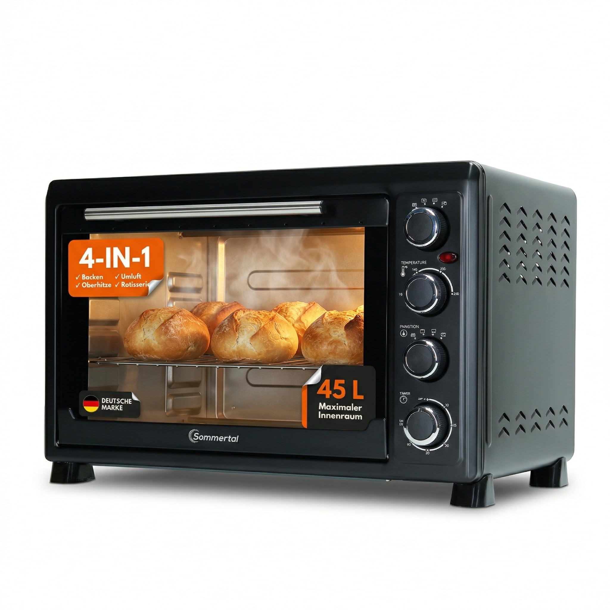 Sommertal Minibackofen 45L mit Drehspieß & Umluft, 2000W, 100–230°C, 60 Min Timer, Hähnchengrill Backofen, Mini Backofen 45 Liter mit Konvektion, Backen, Grillen & Pizza, inkl. 7-tlg Zubehör