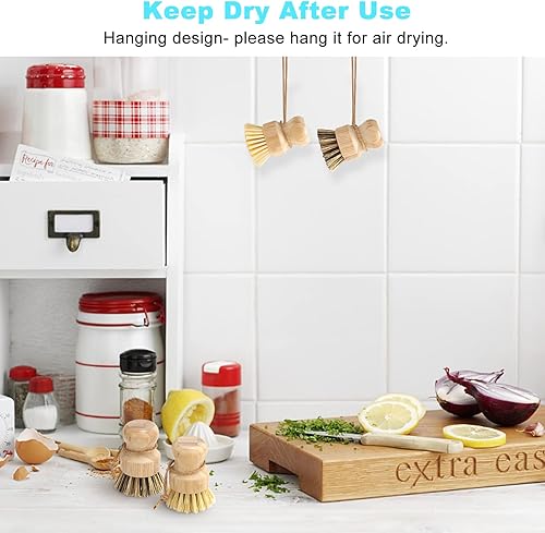 Miniatura 6 de Aisuly - Juego de 4 cepillos para platos de bambú cepillo para limpiar platos de madera de palma cepillos para platos de burbujas cepillo para