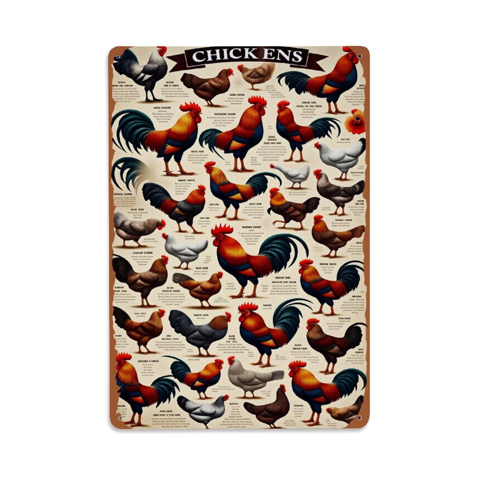 Ndieha Vintage Chicken Breeds Illustrated Chart Tin Sign Metal Poster Retro Bar, Home, Man Cave, Kitchen, Laundry Room Wall Art Decor Gift 8X12 Inch