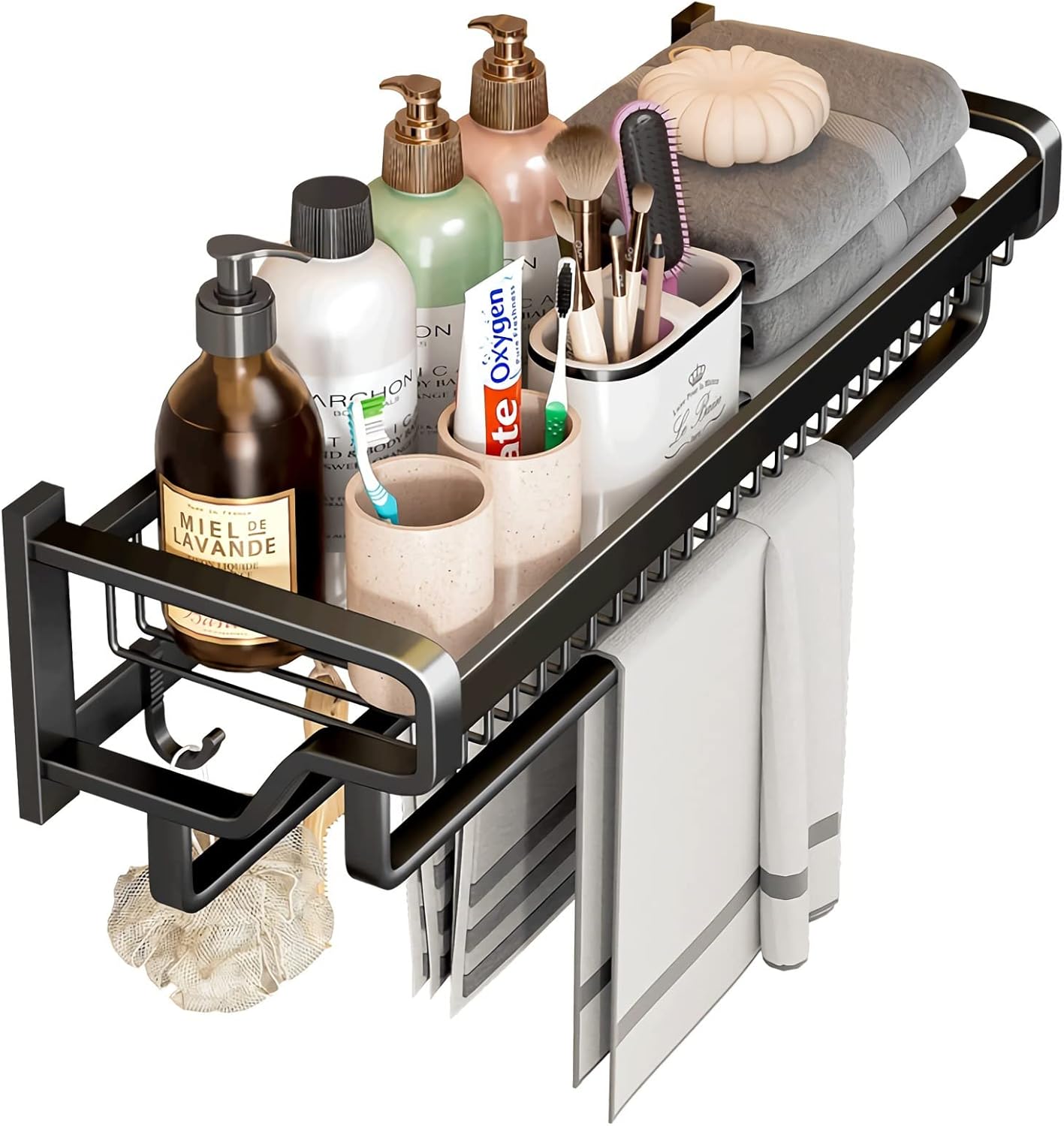 Bathroom Towel Rack with Tower Bars - Aluminum Towel Rack with Shelf Wall Mount Towel Holder, Rustproof Bathroom Towel Storage with 5 Hooks for House Lavatory and Hotel (26 Inch Aluminum, Black)