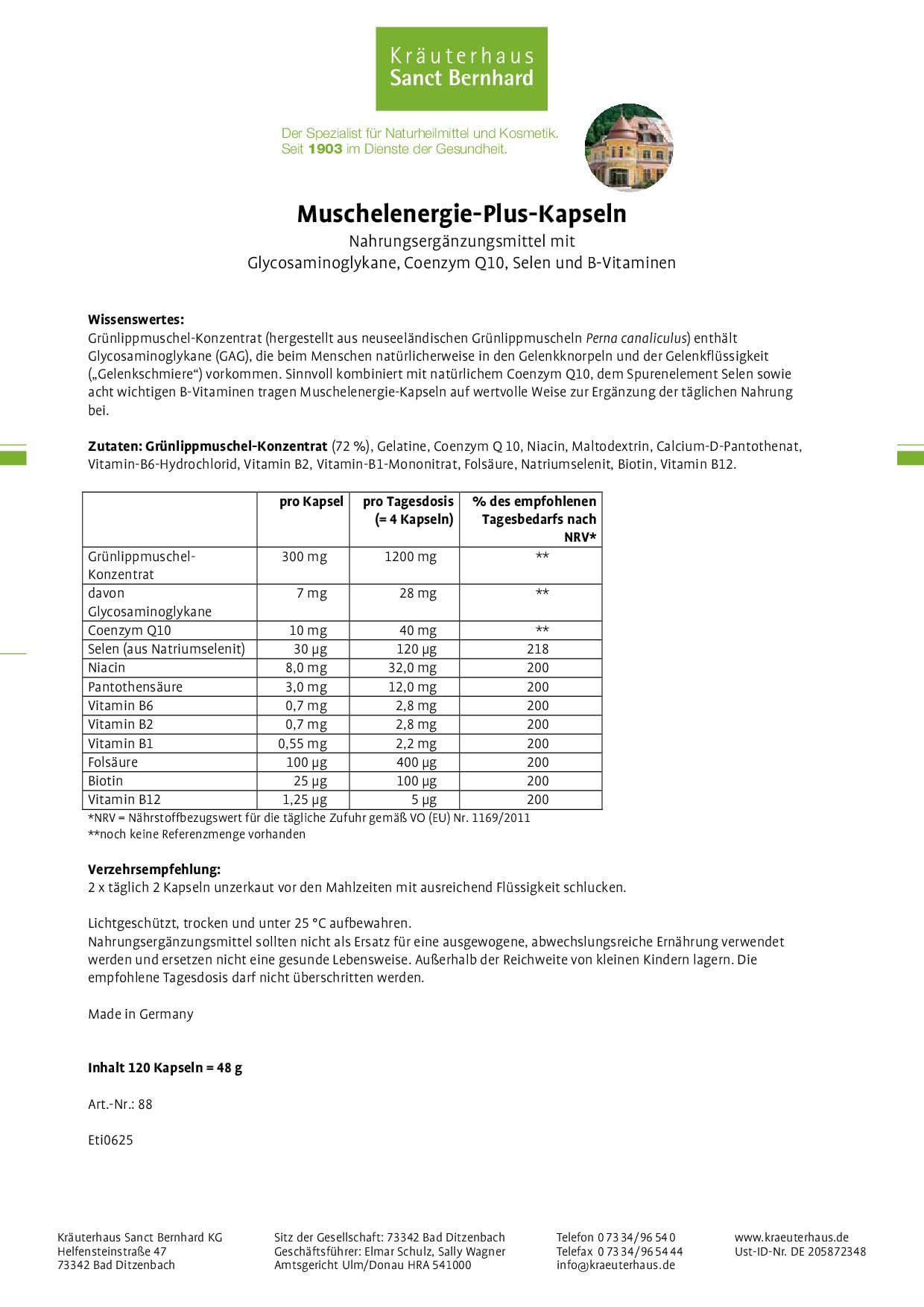 Sanct Bernhard Muschelenergie-Plus-Kapseln | Grünlippmuschel-Konzentrat, Coenzym Q10, Selen & 8 B-Vitamine | 120 Kapseln