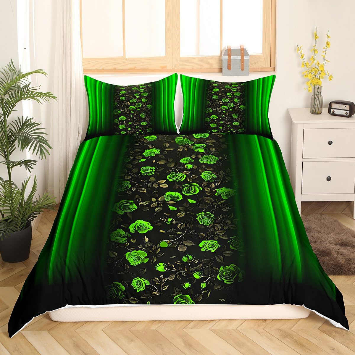 Homemissing Floral Bedding Set Ombre Green Rose Teens Duvet Cover Set for Kids Boys Girls Green Rose Flower Decor Comforter Cover Romantic Modern Quilt Cover 3Pcs King Size - Image 2