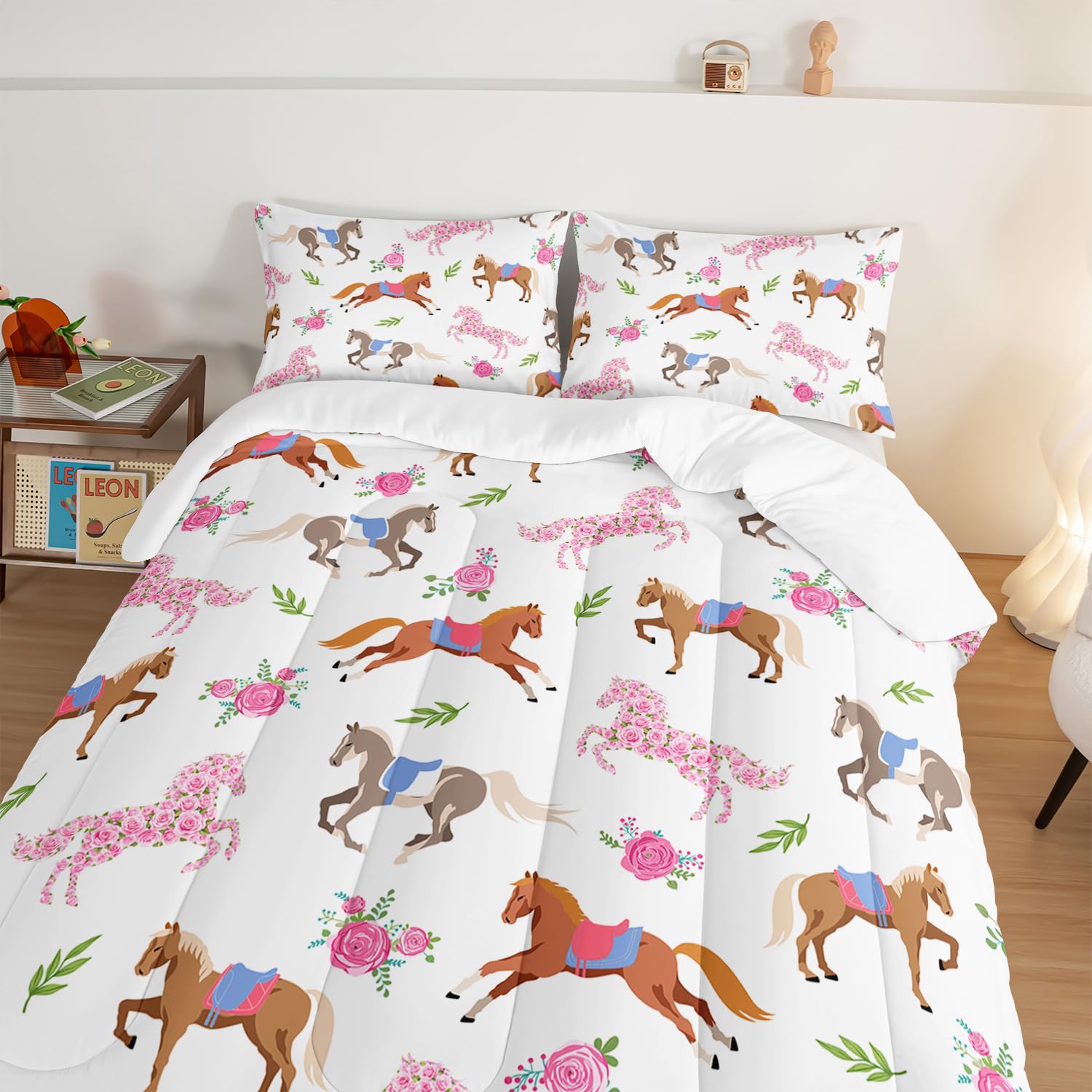 HOSIMA Juego de edredón Kawaii de caballo rosa rosa, ropa de cama de caballo lindo animal para niñas y adolescentes, decoración estética de habitación, juego de ropa de cama de princesa para niños